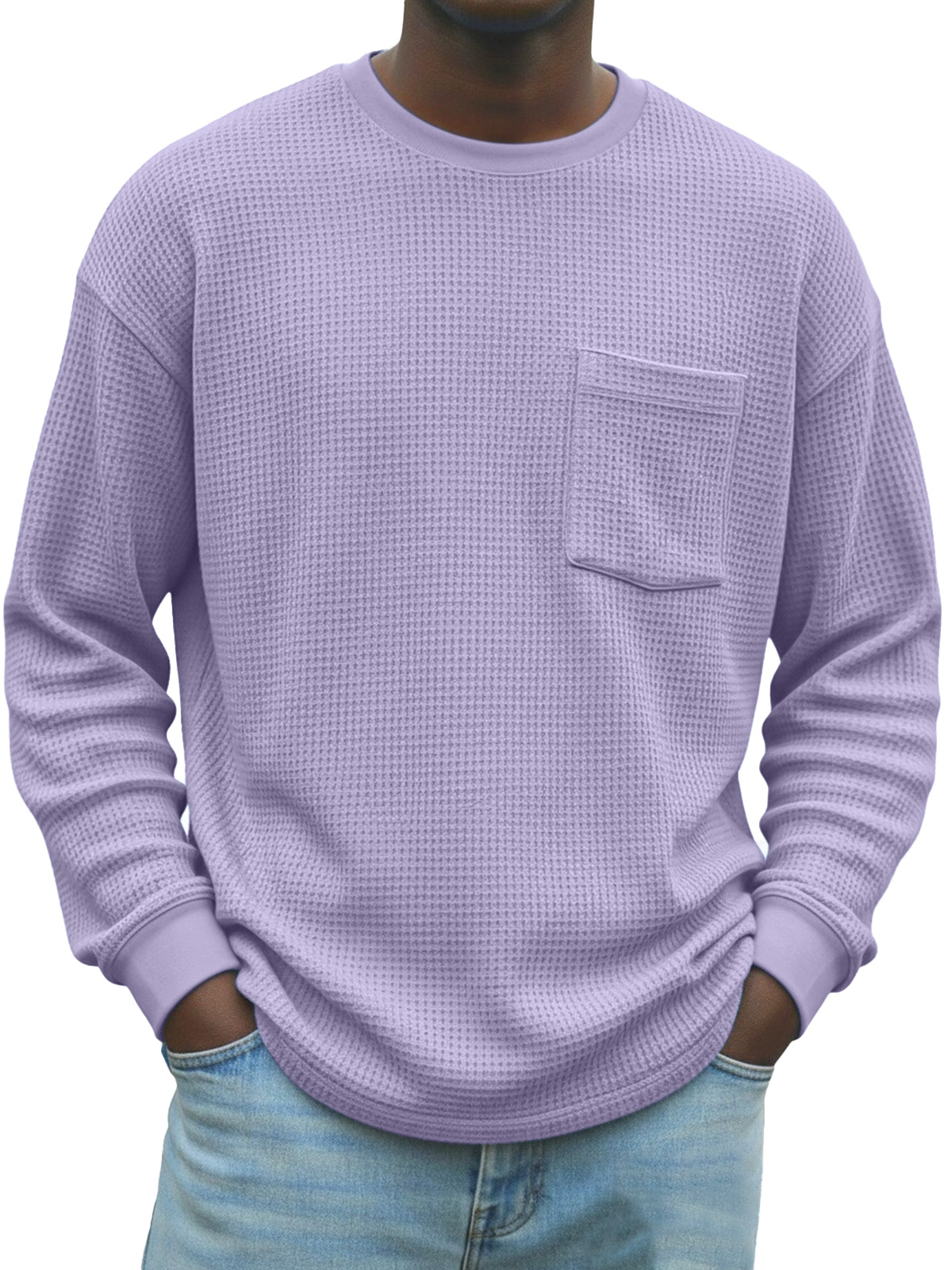 Men's Stylish Waffle-knit Pocket Long-sleeved Crew Neck T-shirt
