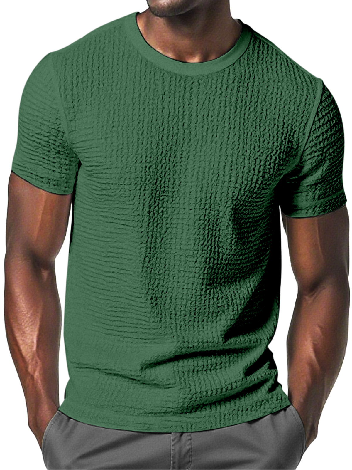 Men's Daily Solid Color Pleated Texture Comfortable Round Neck Short-sleeved T-shirt