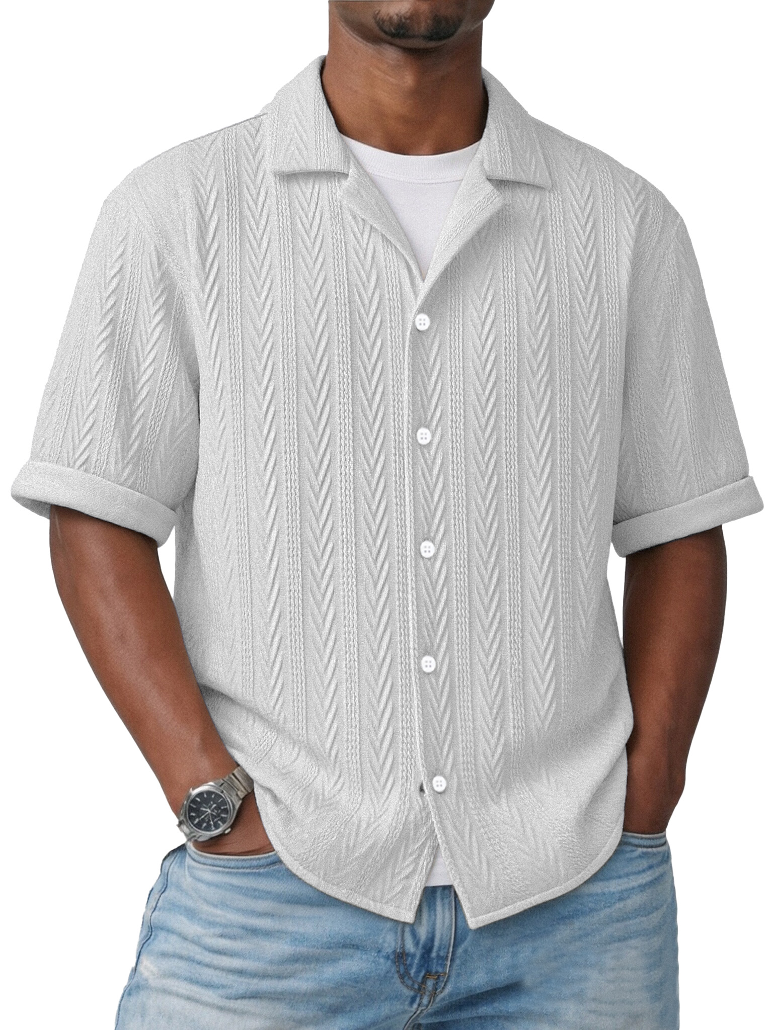Simple Everyday Textured Short-sleeved Cuban Collar Shirt