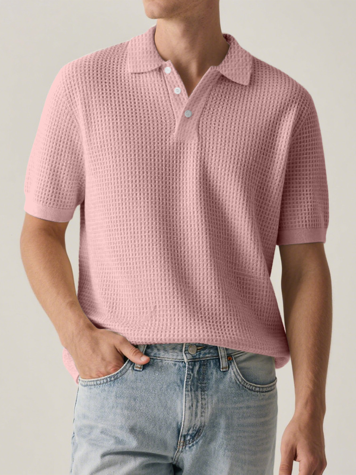 Men's Everyday Solid Color Waffle Short Sleeve Lapel Polo Shirt
