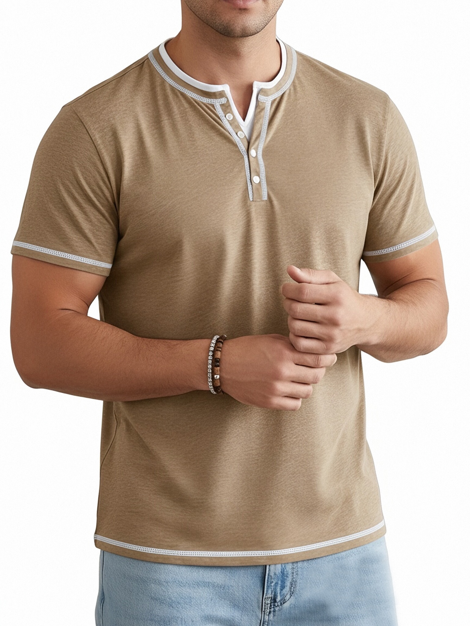 Men's Short Sleeve Color Block Fake Two Piece Henley Shirt