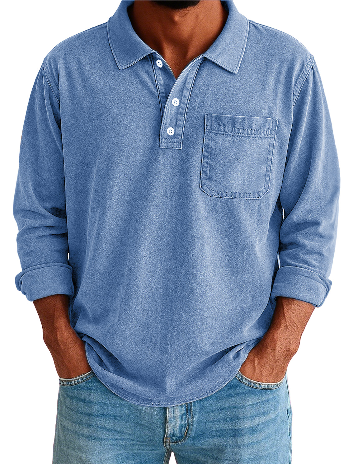 Men's Stylish Vintage Washed And Distressed Lapel Long-sleeved Polo Shirt With Pockets