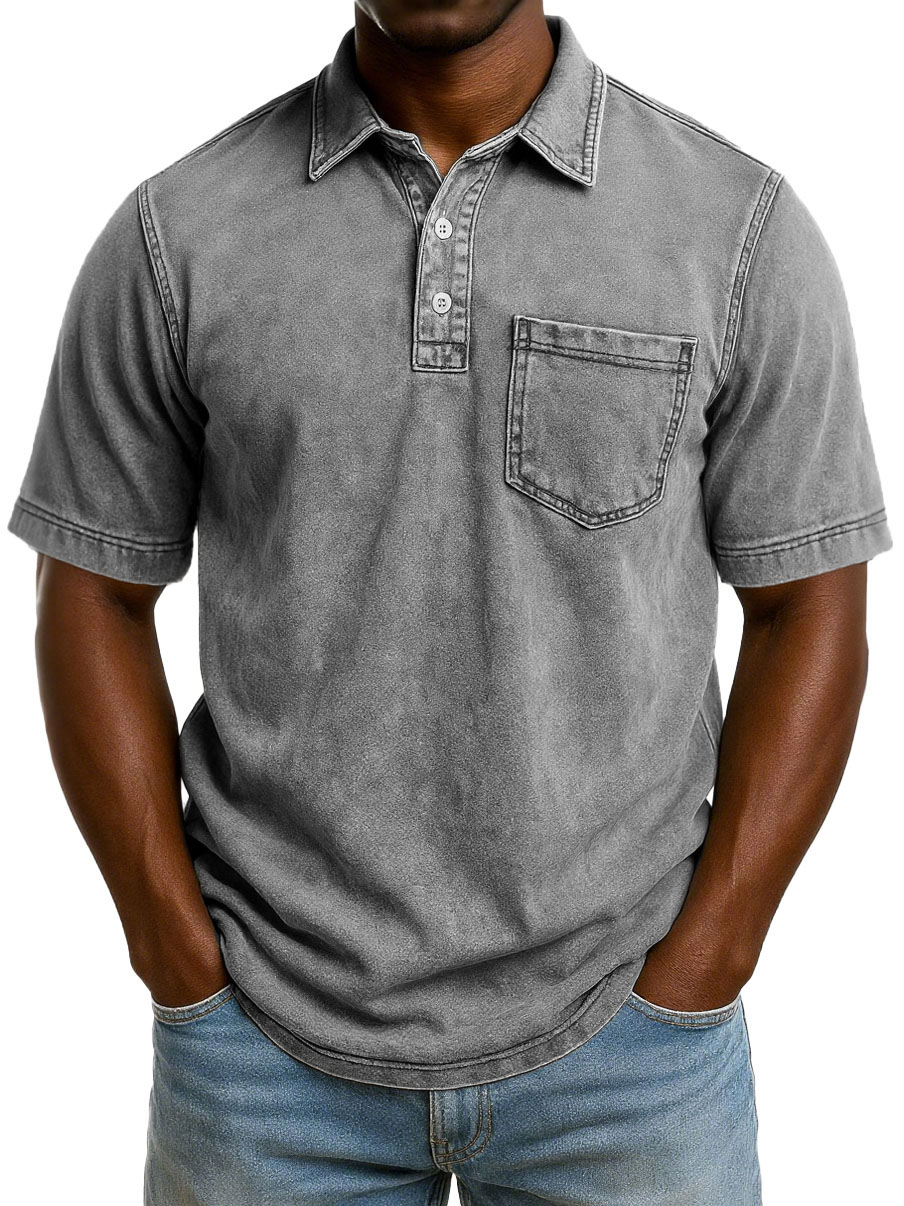 Men's Fashion Casual Retro Washed Short-sleeved Lapel Pocket Polo Shirt