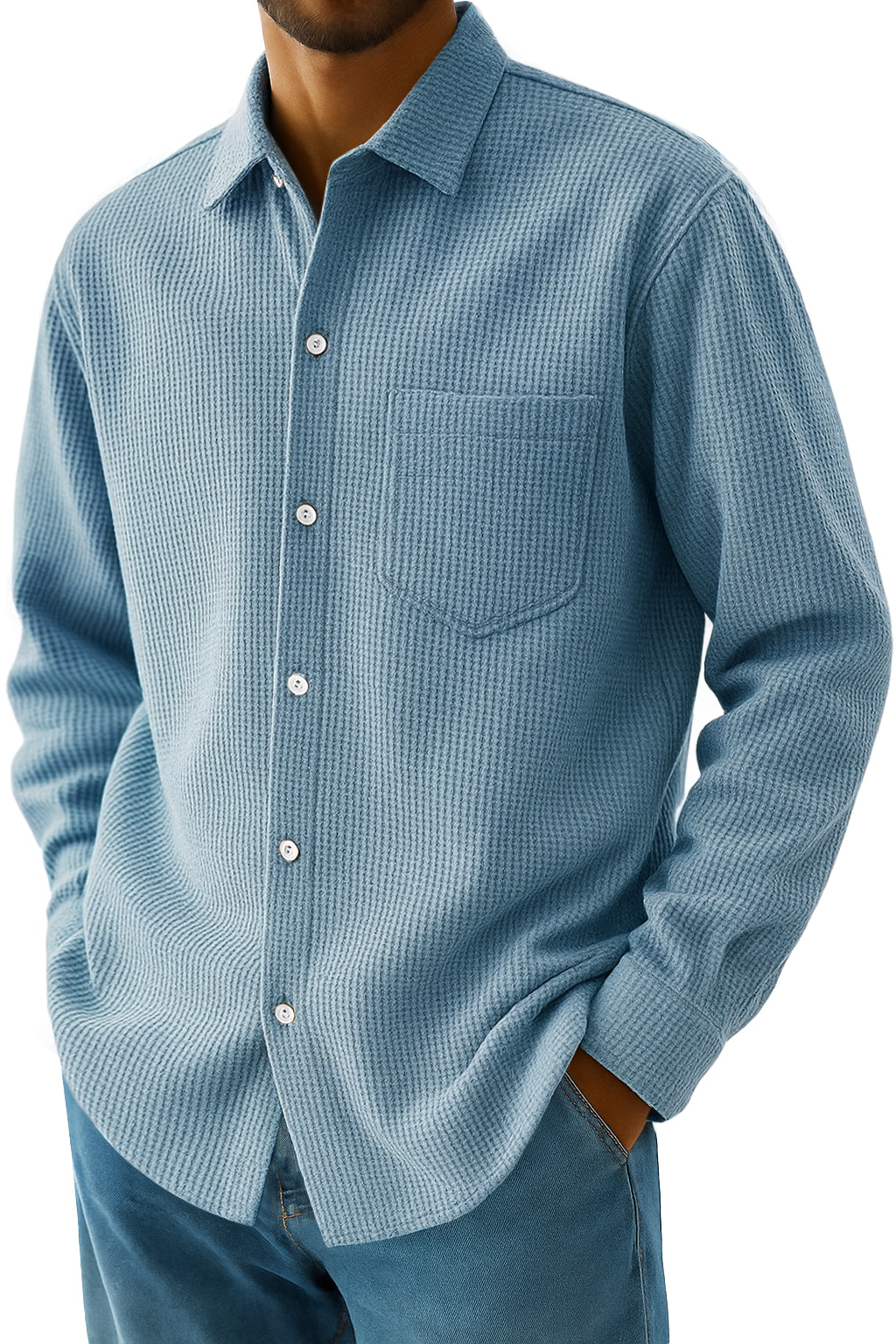 Men's Everyday Waffle Casual Pocket Long Sleeve Shirt