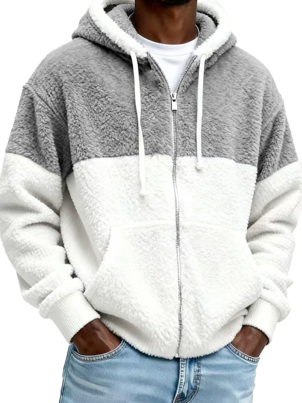 Men's Stylish Casual Patchwork Plush Warm Long-sleeved Hooded Jacket