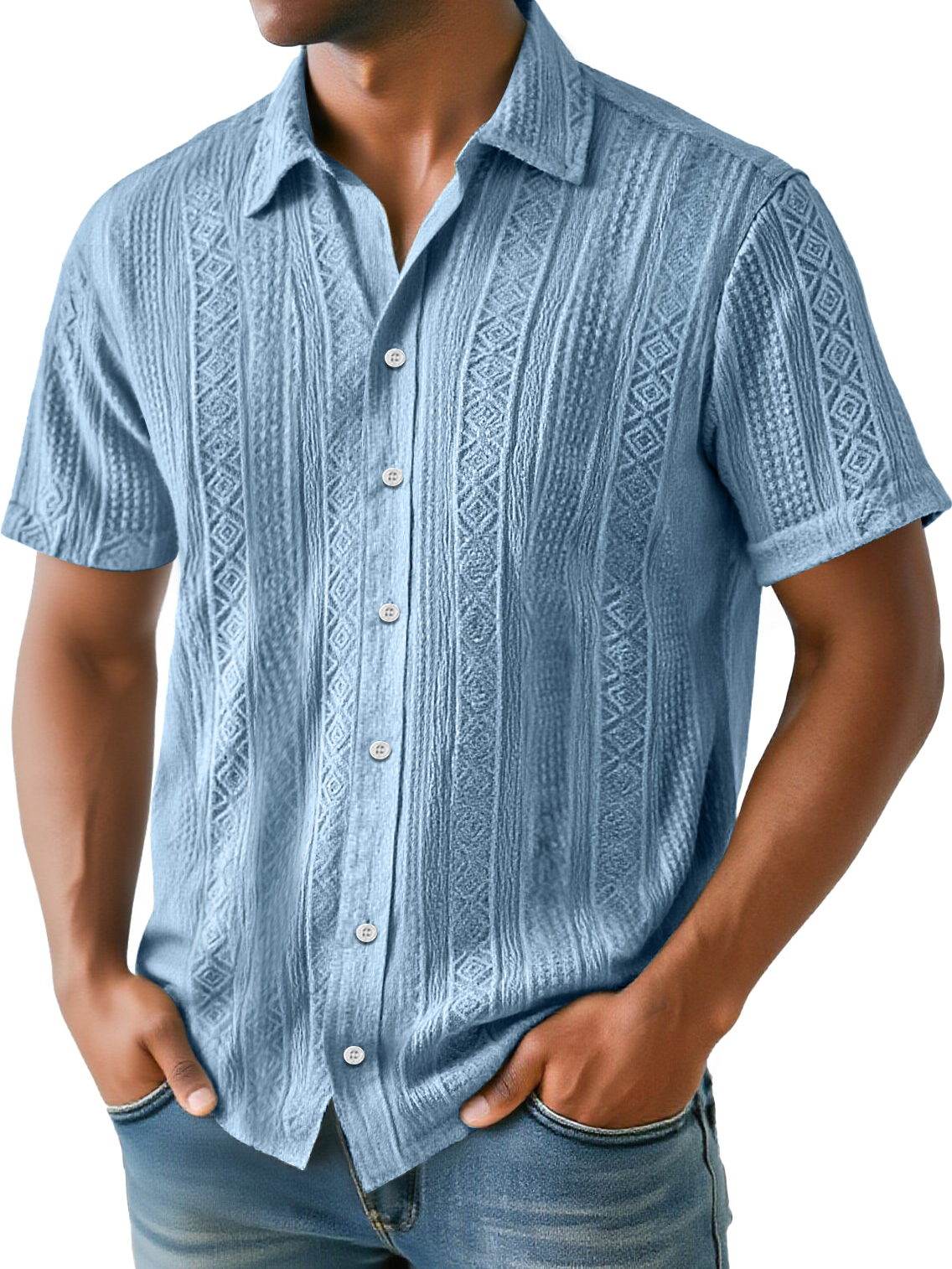Men's Daily Simple Jacquard Texture Casual And Comfortable Solid Color Short-sleeved Shirt
