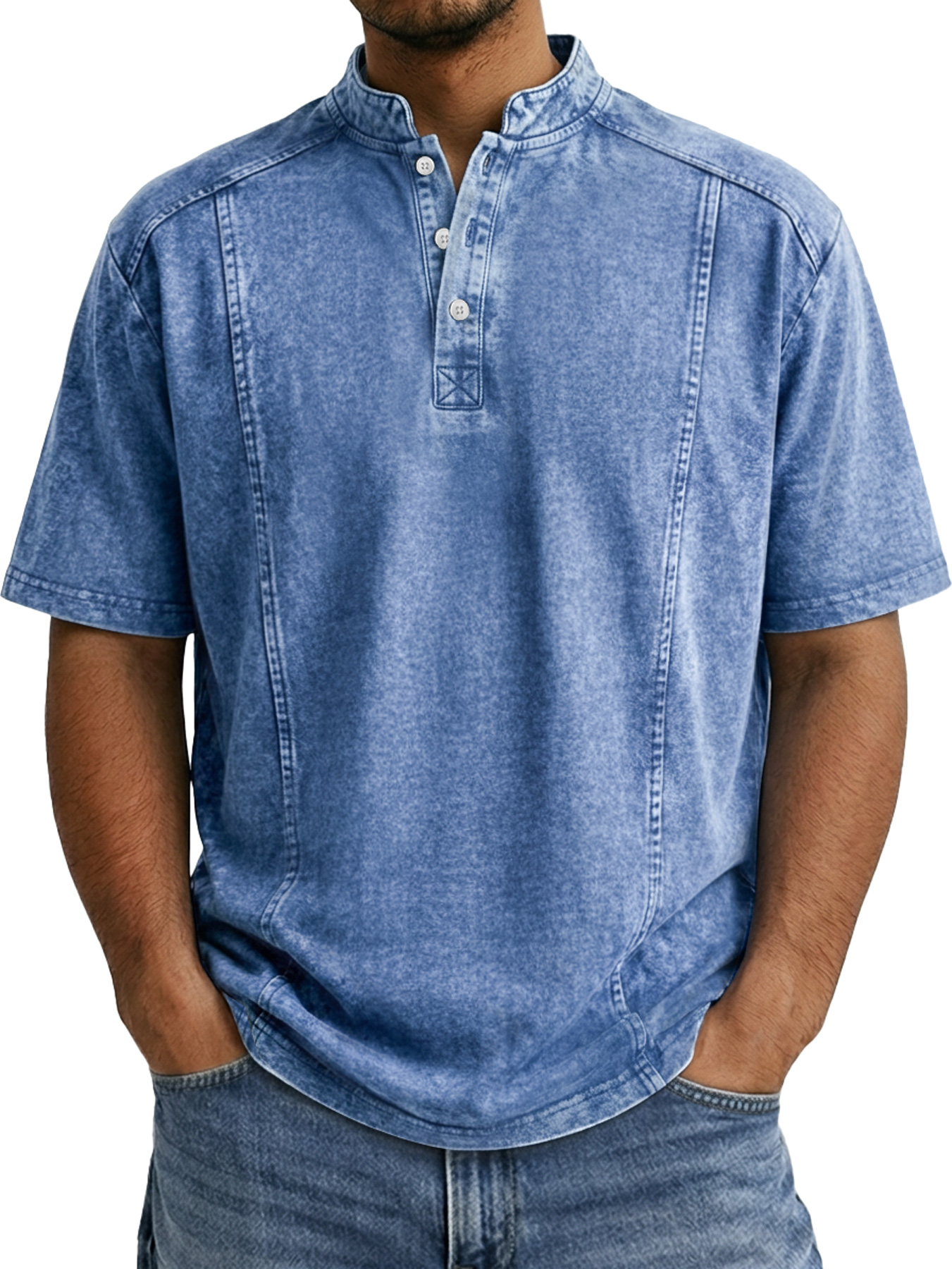Men's Retro Deconstructed Stand Collar Casual Short Sleeve Henley Shirt