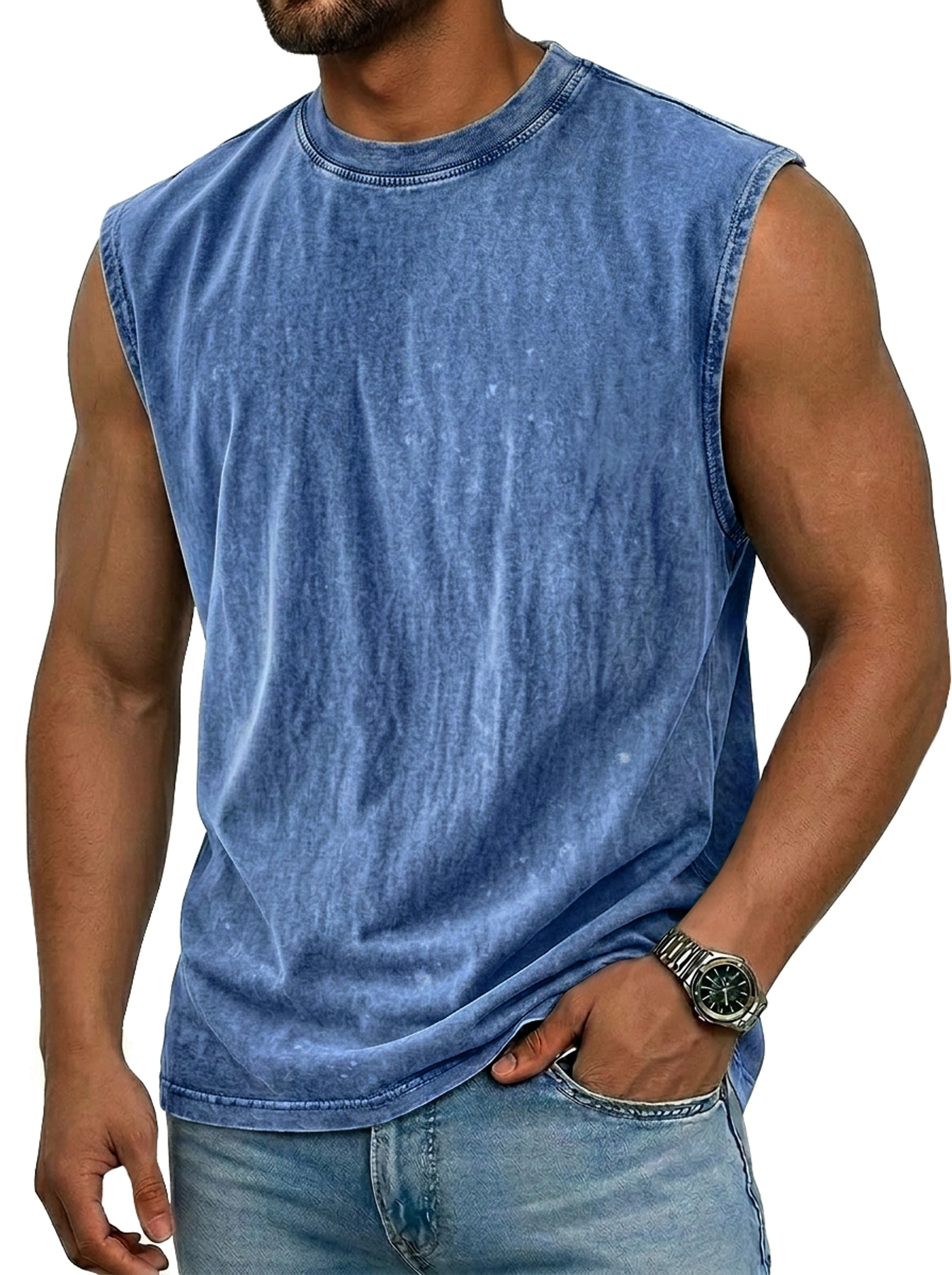 Men's 100% Washed Distressed Crew Neck Casual Sleeveless Vest