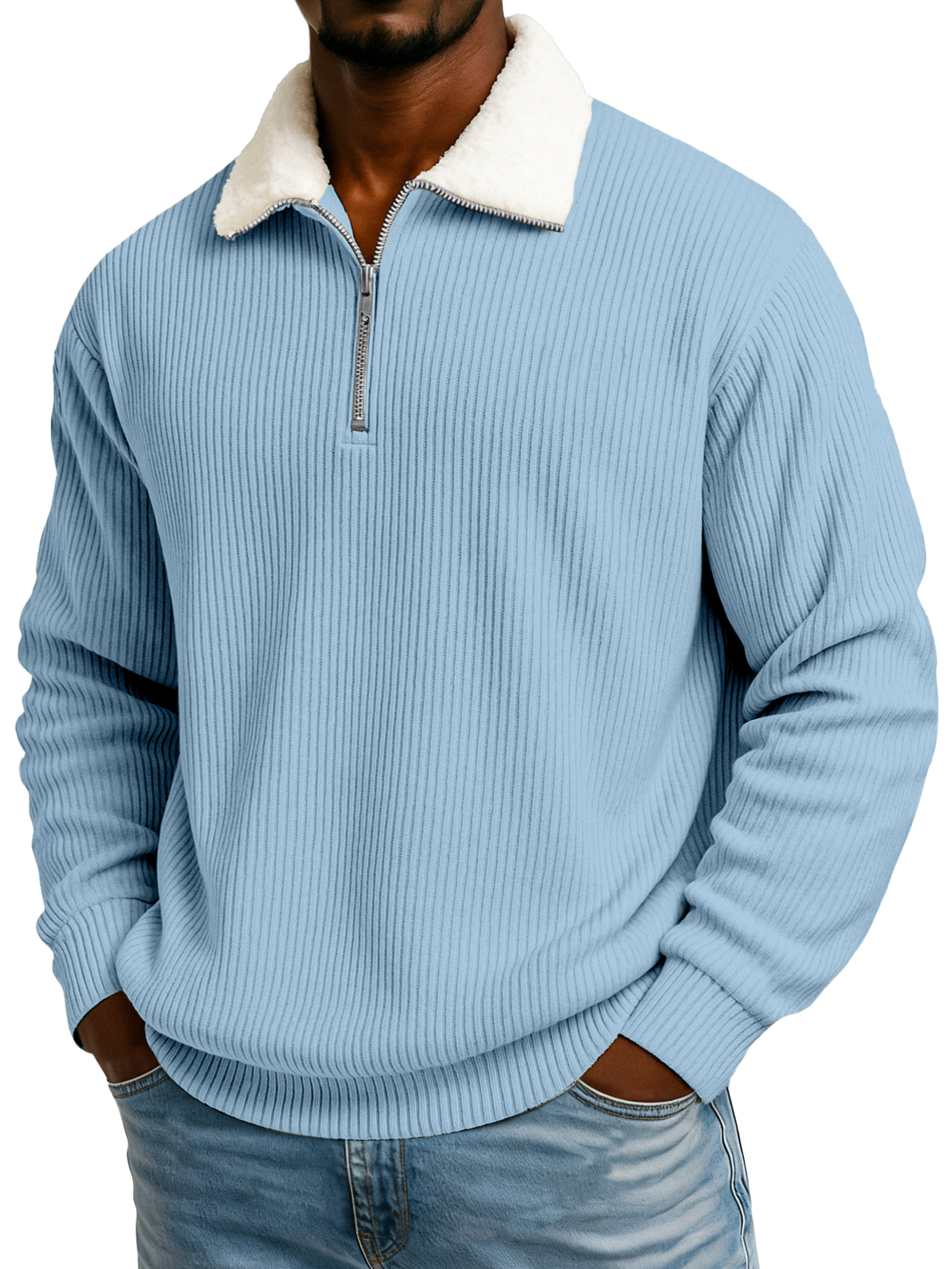 Men's Winter Pit Striped Plush Stand Collar Casual Sweatshirt