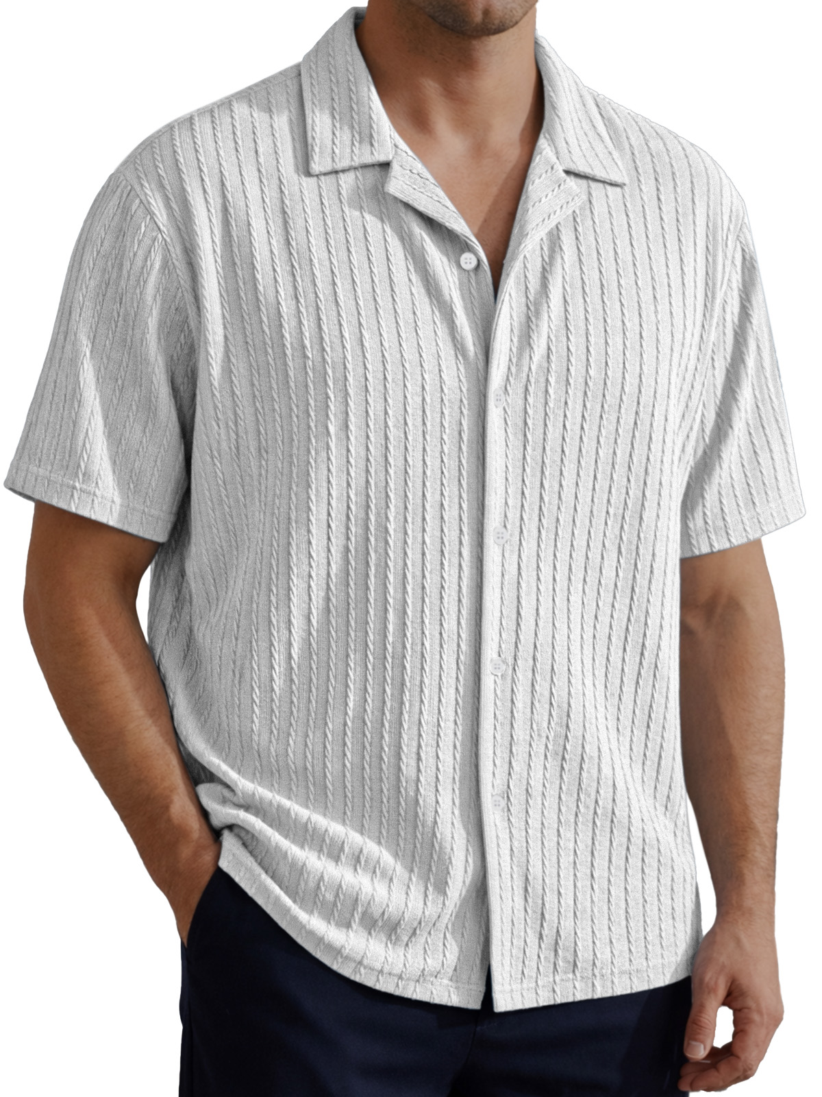Men's Simple Solid Color Cable Knit Textured Short-Sleeve Collared Shirt