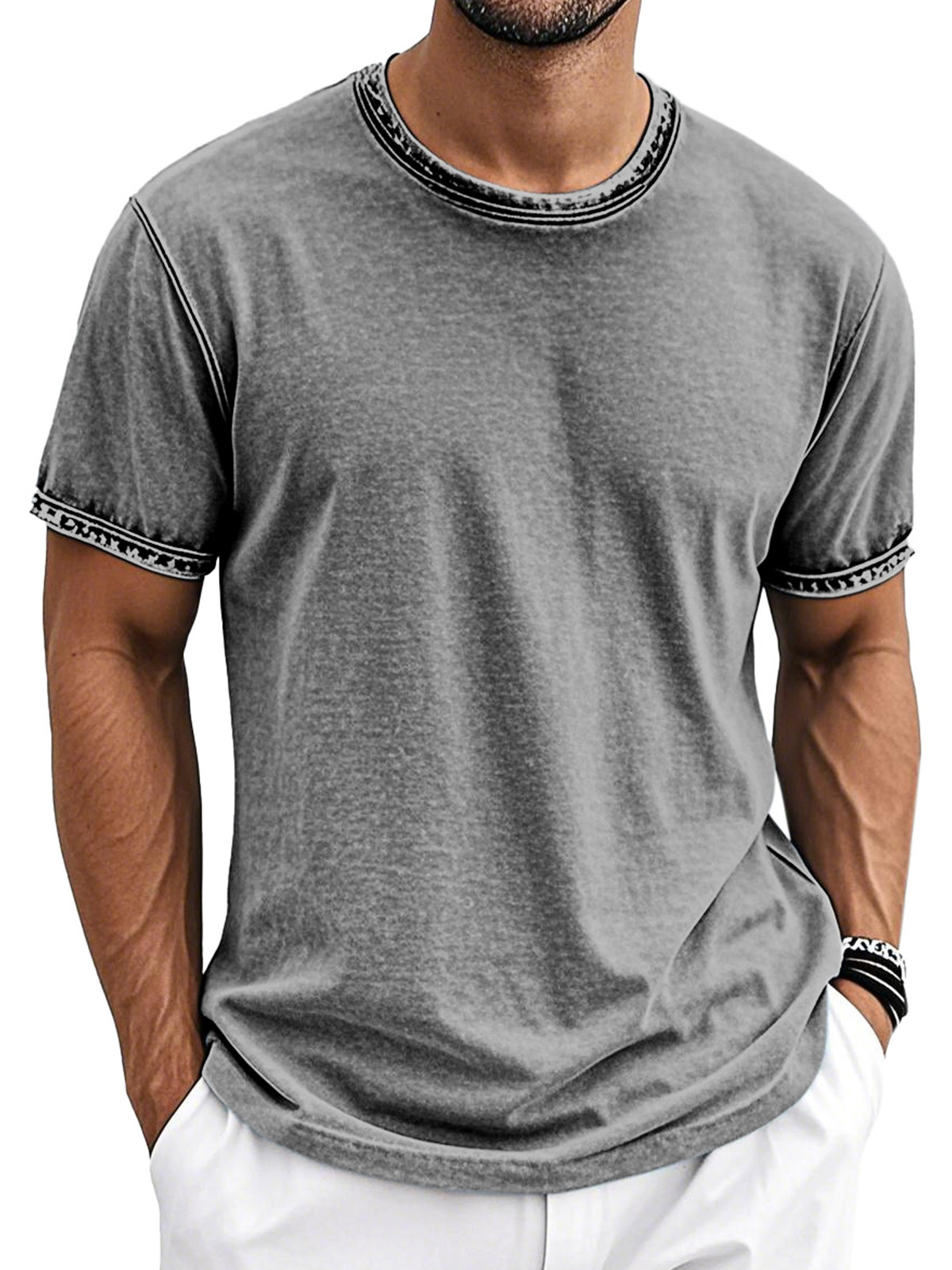 Men's Retro Cotton Washed Round Neck Short-sleeved T-shirt