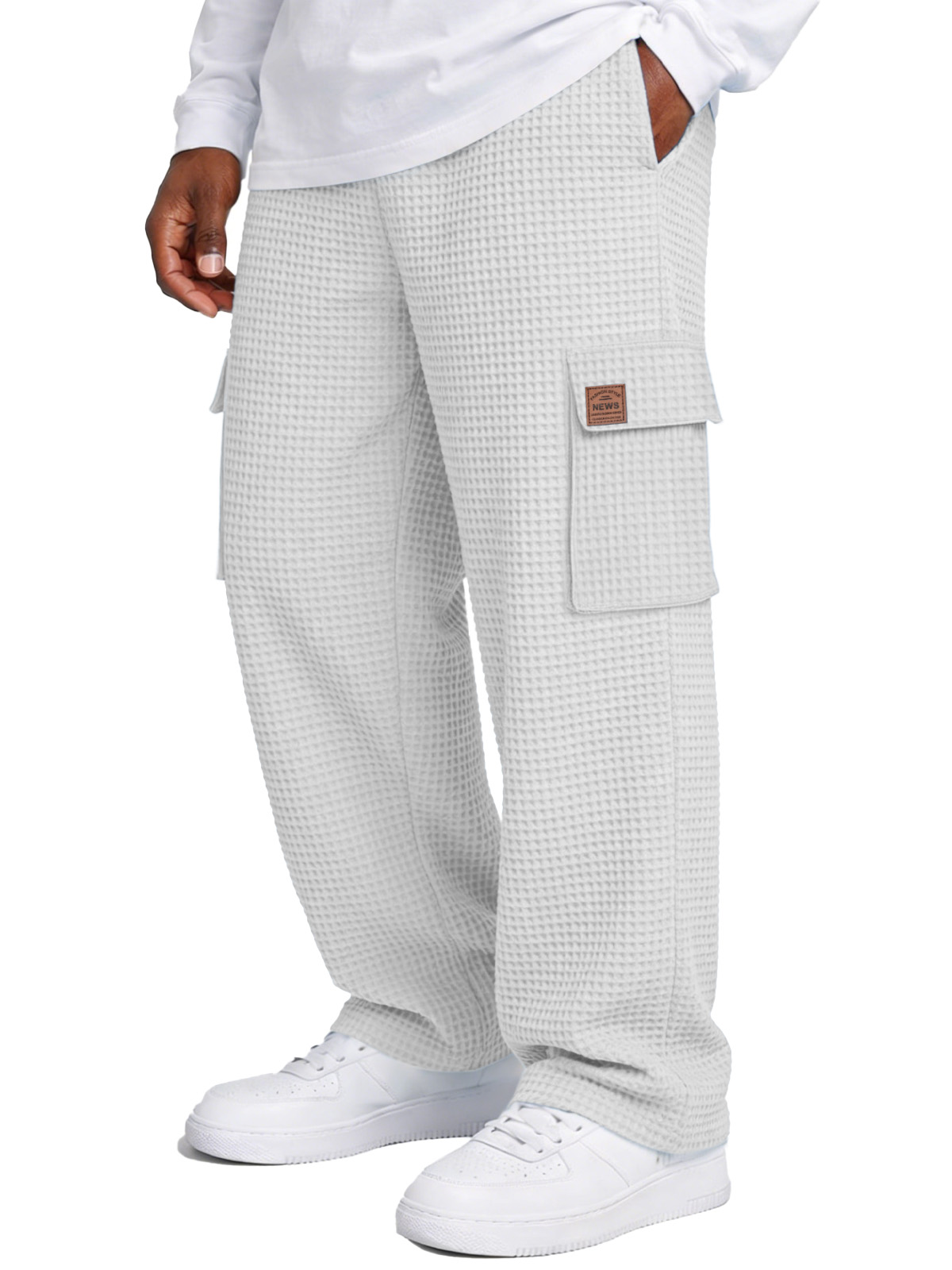 Simple Waffle-knit Loose Casual Straight-leg Pants With Pockets