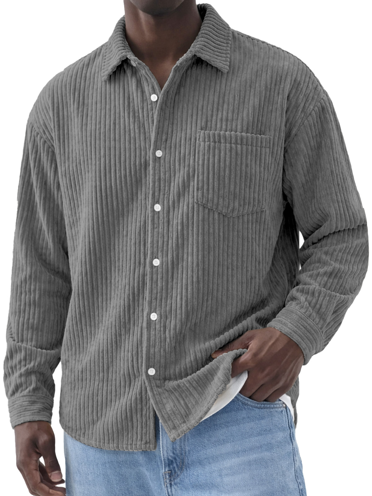 Men's Simple Solid Color Corduroy Long-Sleeve Polo Shirt