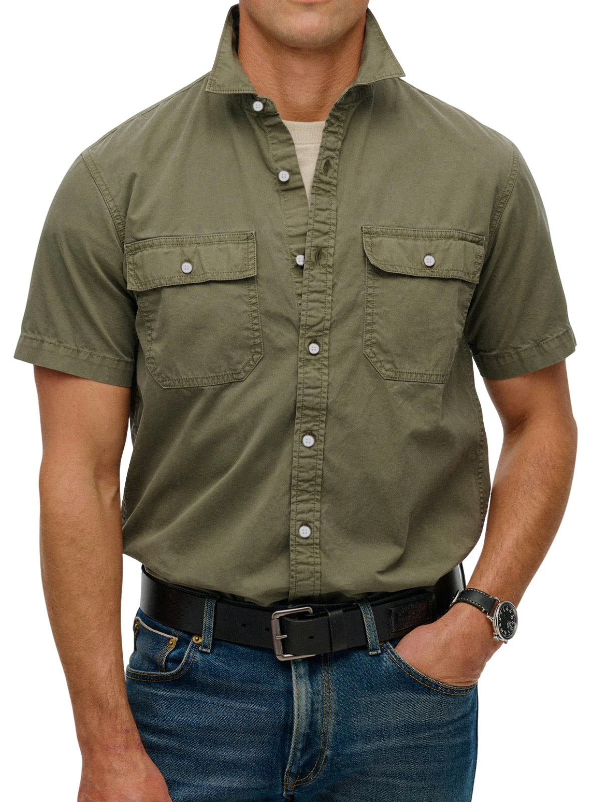 Men's simple double-pocket lapel button-down short-sleeved shirt