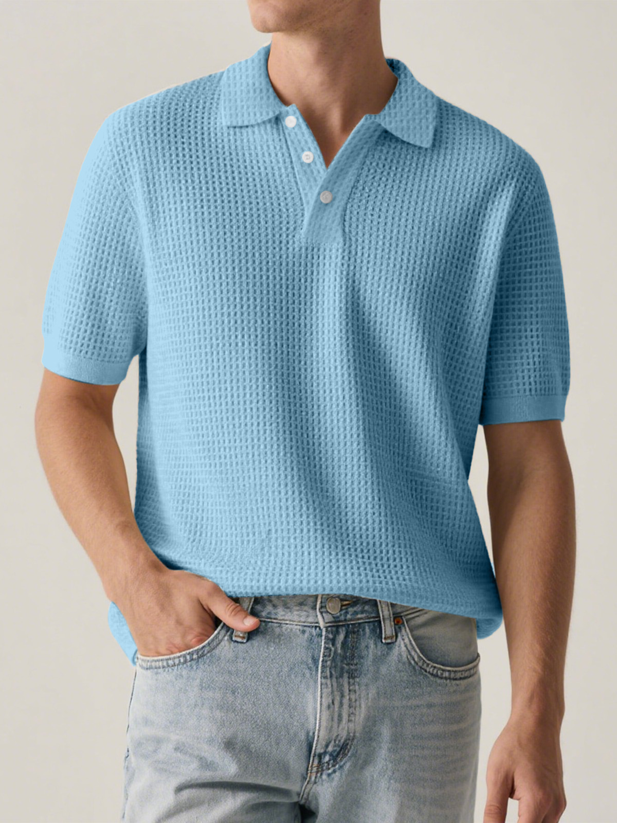 Men's Everyday Solid Color Waffle Short Sleeve Lapel Polo Shirt