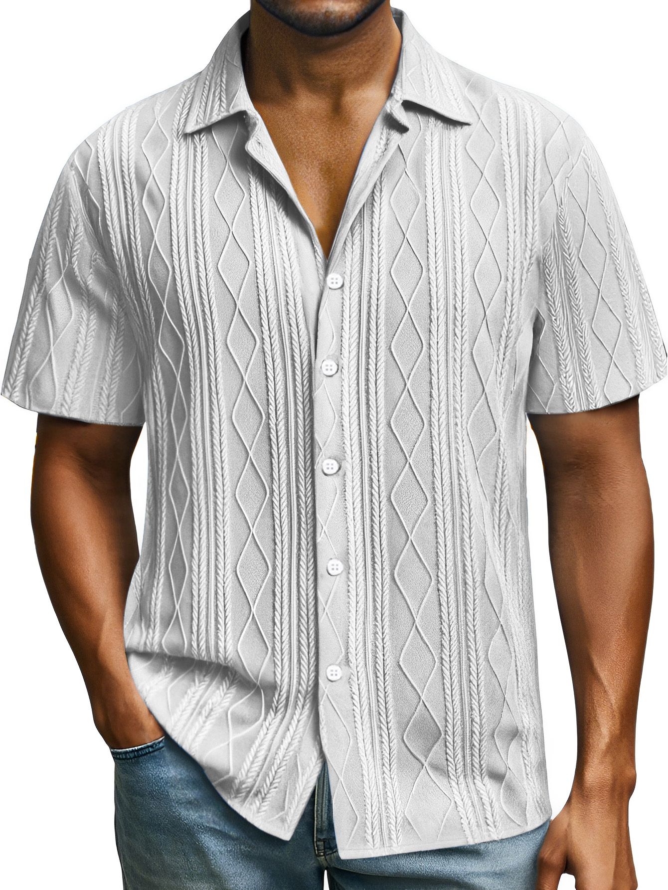 Men's Casual Daily Simple Solid Color Texture Button Lapel Short-sleeved Shirt