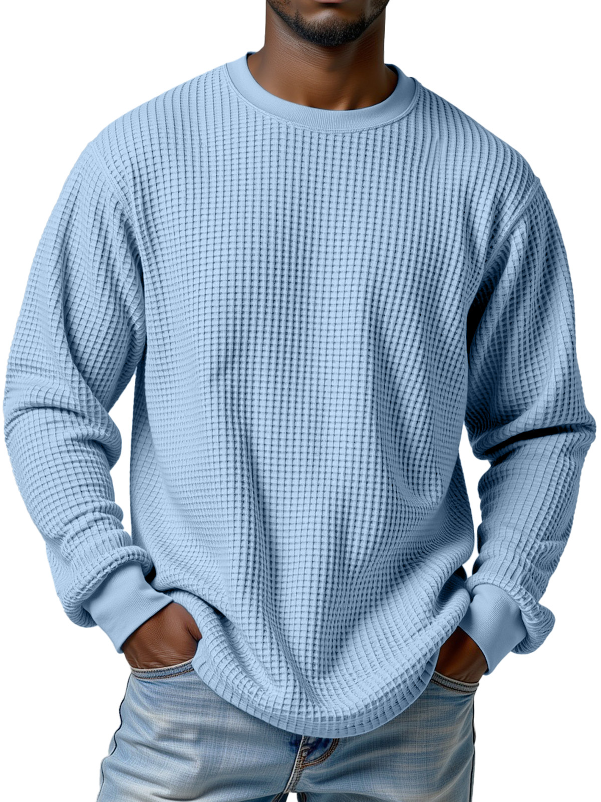 Men's Casual Solid Color Waffle Round Neck Long Sleeve T-shirt