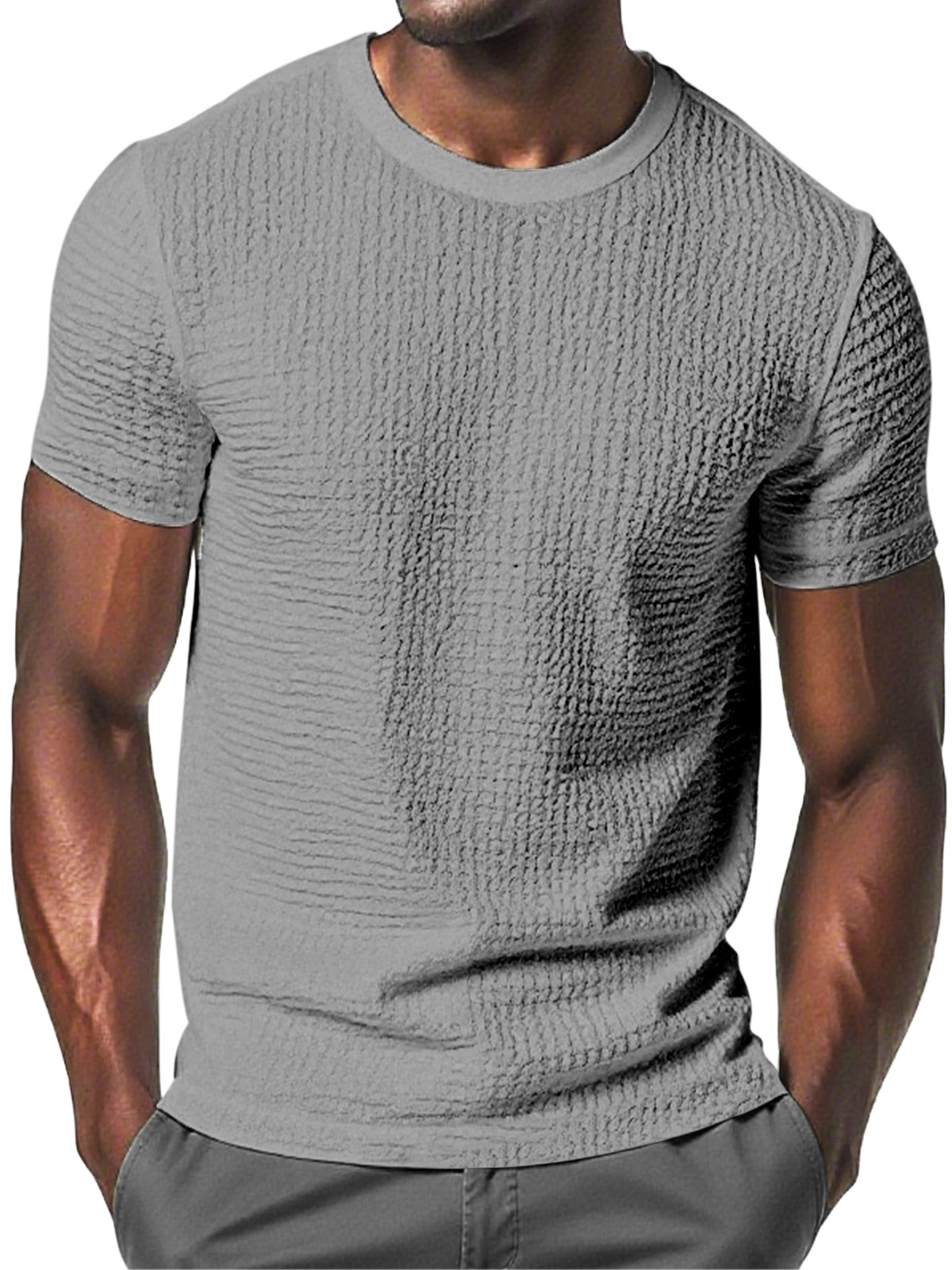 Men's Daily Solid Color Pleated Texture Comfortable Round Neck Short-sleeved T-shirt