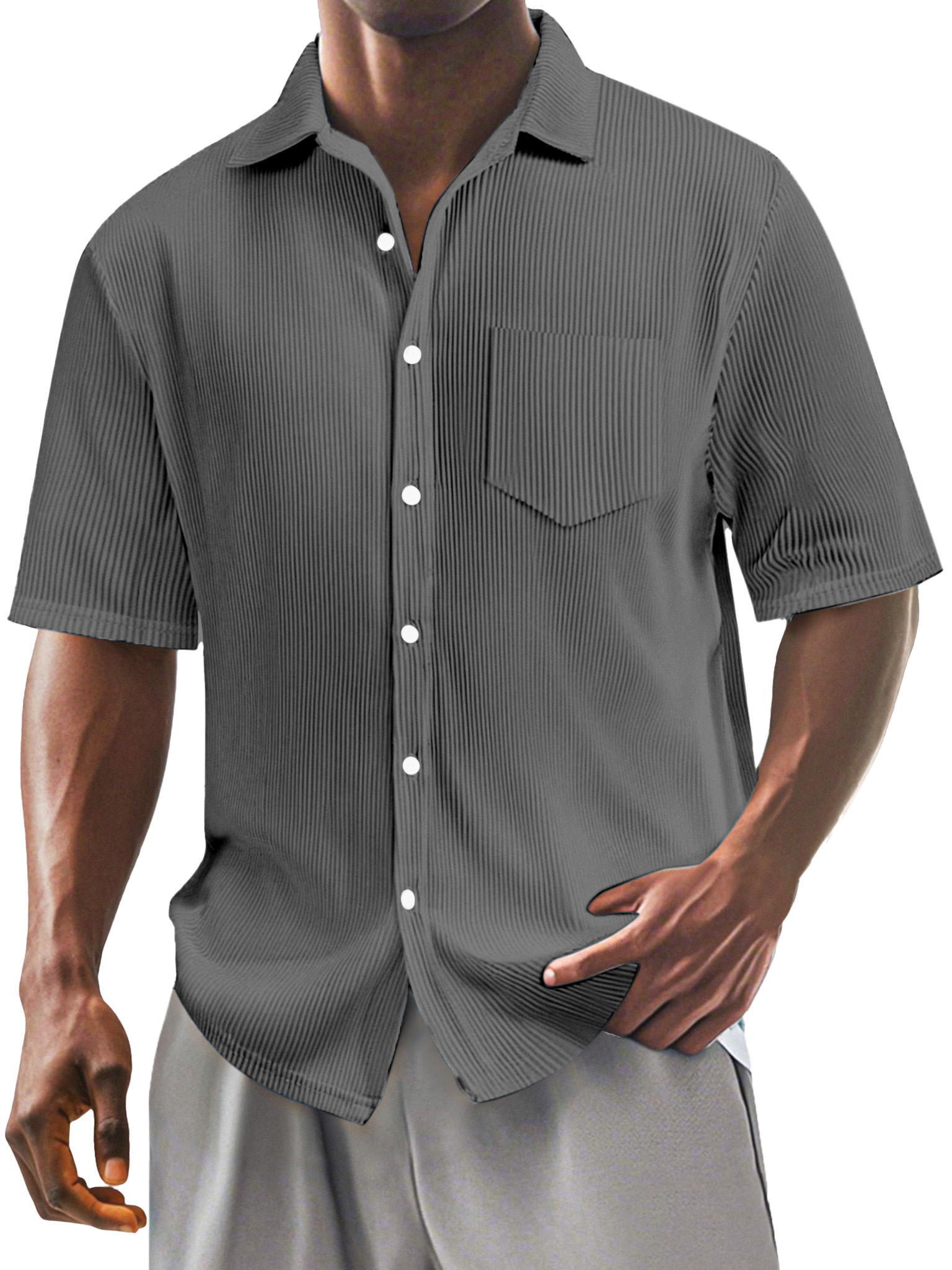 Men's Casual Simple Solid Color Vertical Pit Short-sleeved Shirt