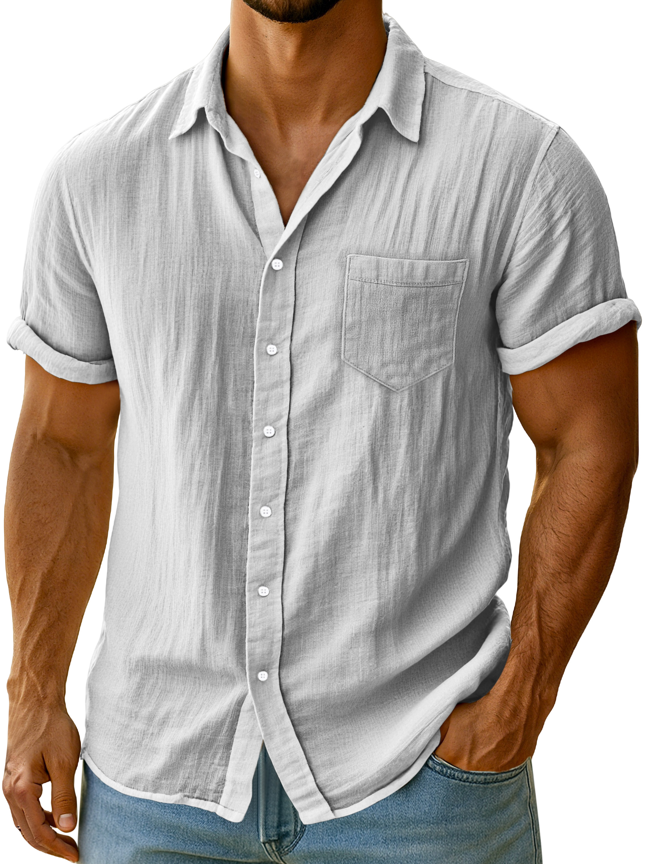 Men's Casual Solid Color Breathable Imitation Linen Button Short-sleeved Shirt