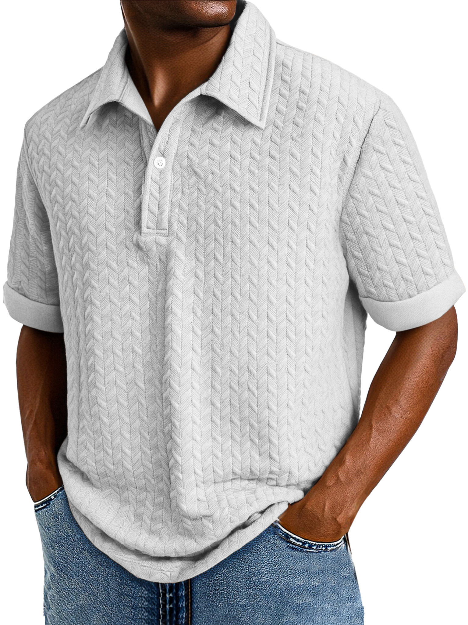Men's Comfortable Solid Color Textured Short-sleeved Lapel Polo Shirt