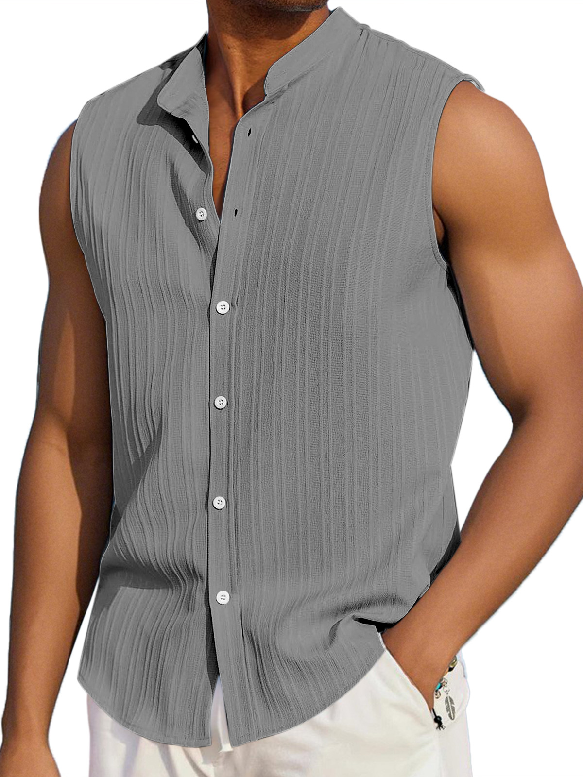 Men's Summer Casual Solid Color Vertical Stripe Loose Lapel Button Sleeveless Shirt
