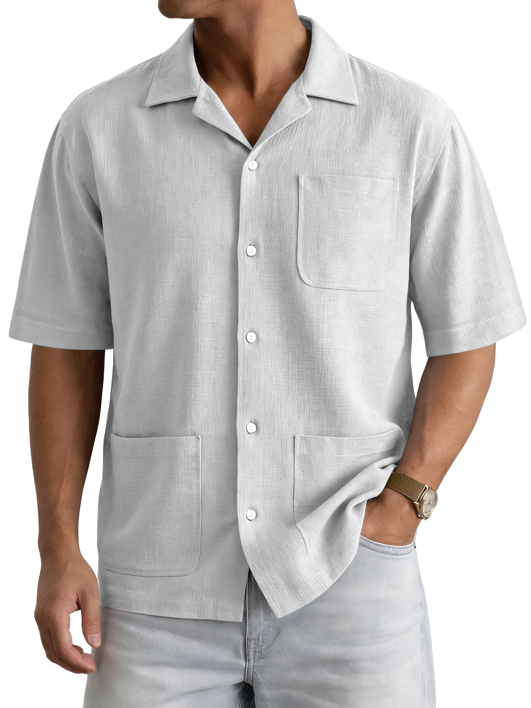 Men's Casual Simple Solid Color Multi-Pocket Cuban Collar Short-Sleeve Shirt