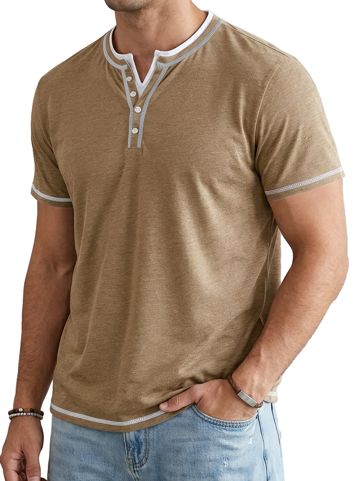 Men's Short Sleeve Color Block Fake Two Piece Henley Shirt
