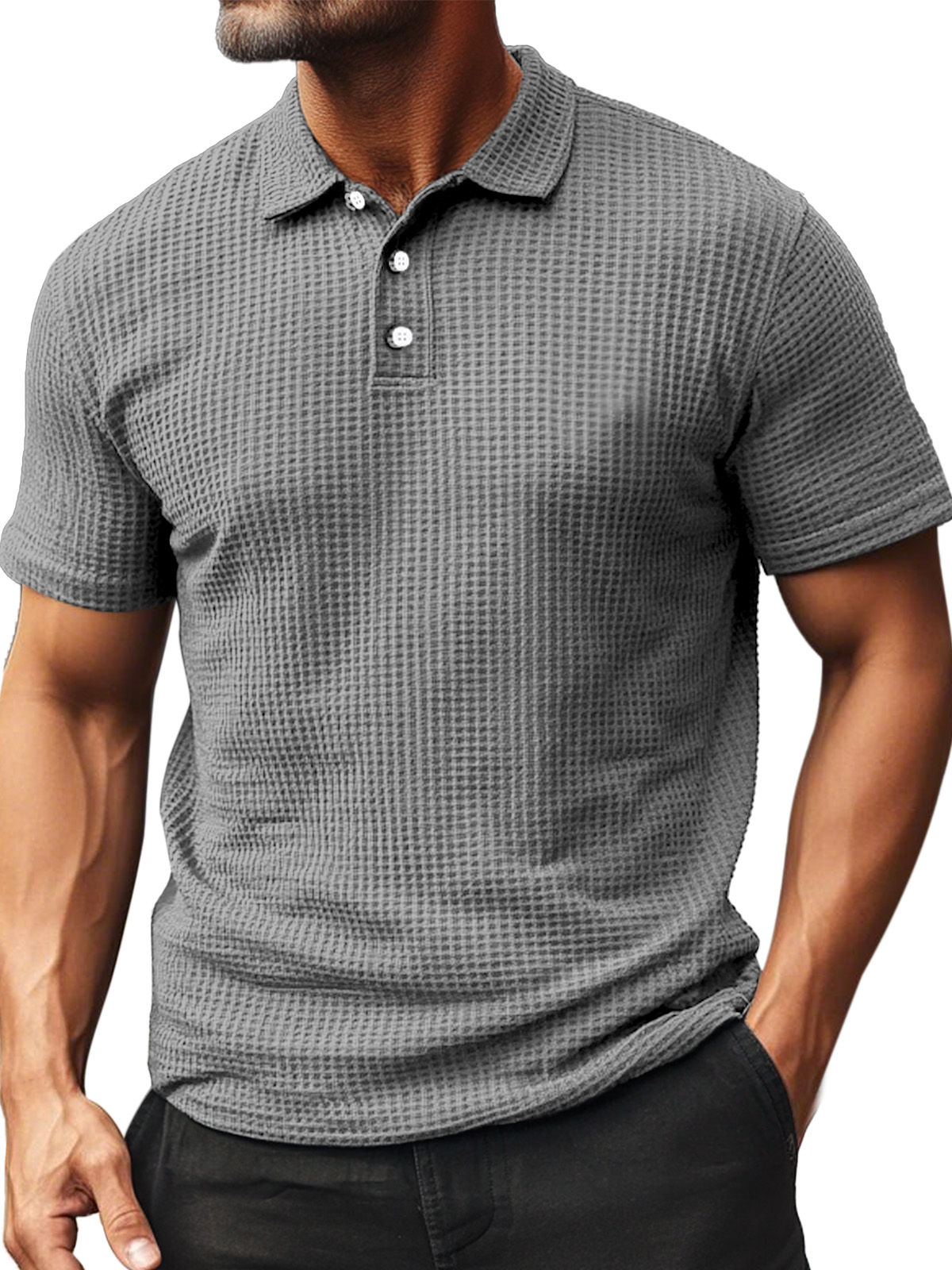 Men's Summer Daily Waffle Texture Short Sleeve Button-up Polo Shirt
