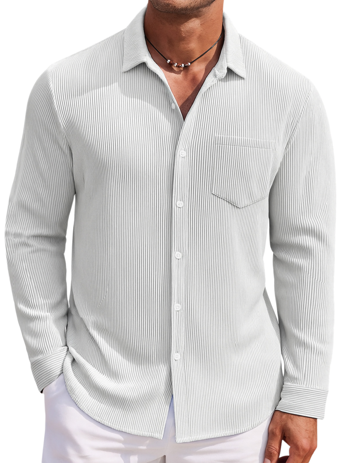 Men's Loose Daily Breathable Solid Color Vertical Pit Strip Long-sleeved Shirt