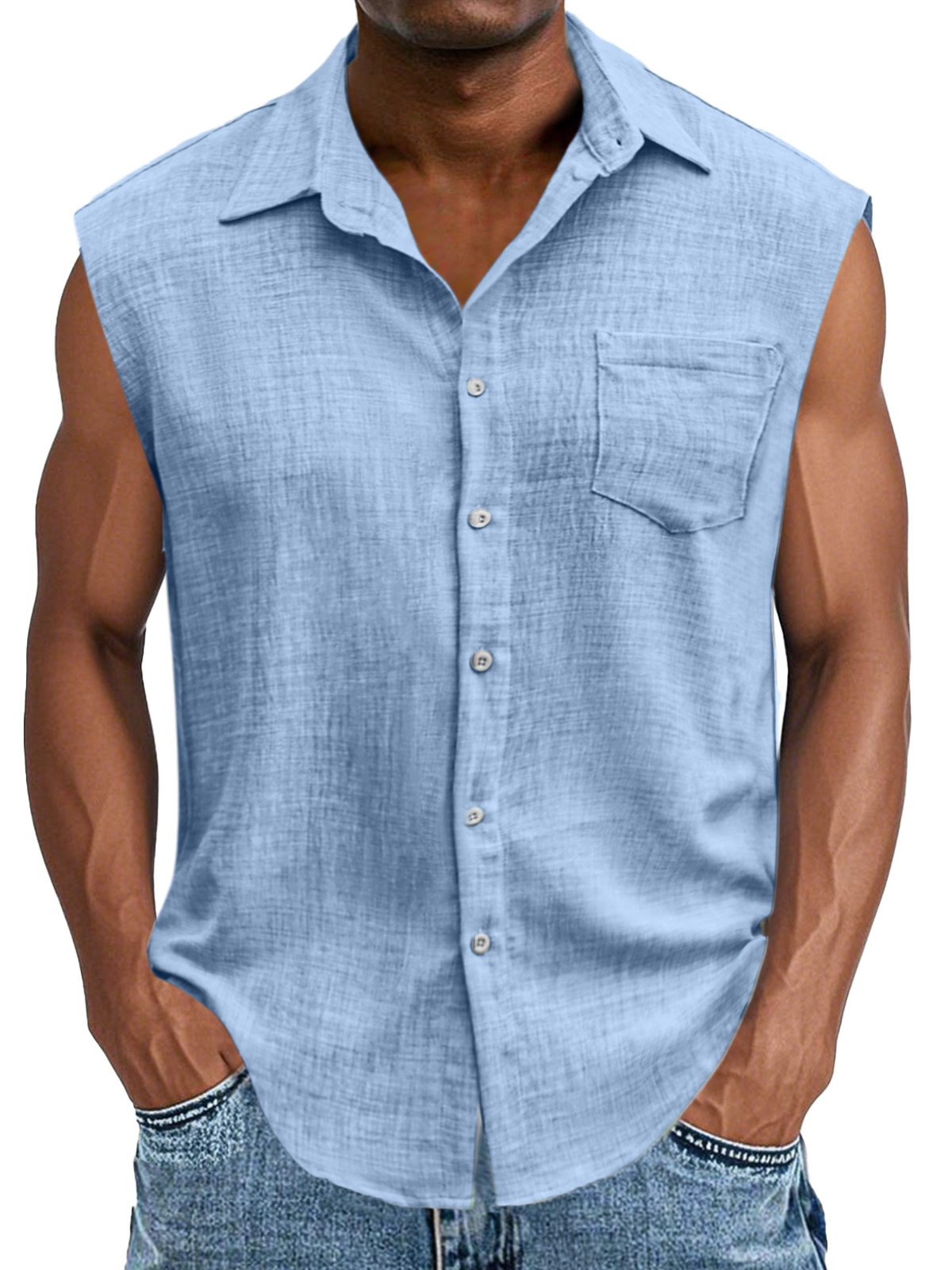 Men's Casual And Comfortable Imitation Linen Button Sleeveless Lapel Shirt