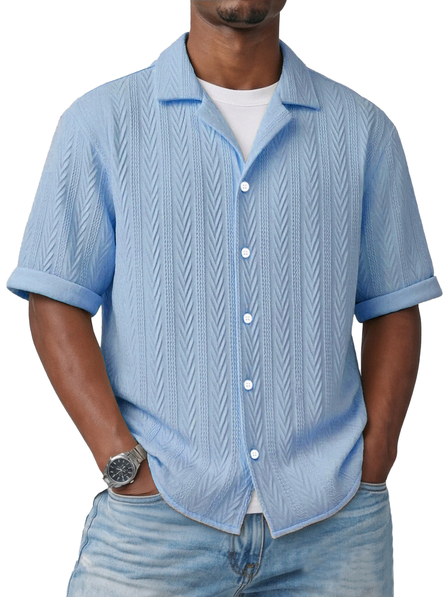Simple Everyday Textured Short-sleeved Cuban Collar Shirt