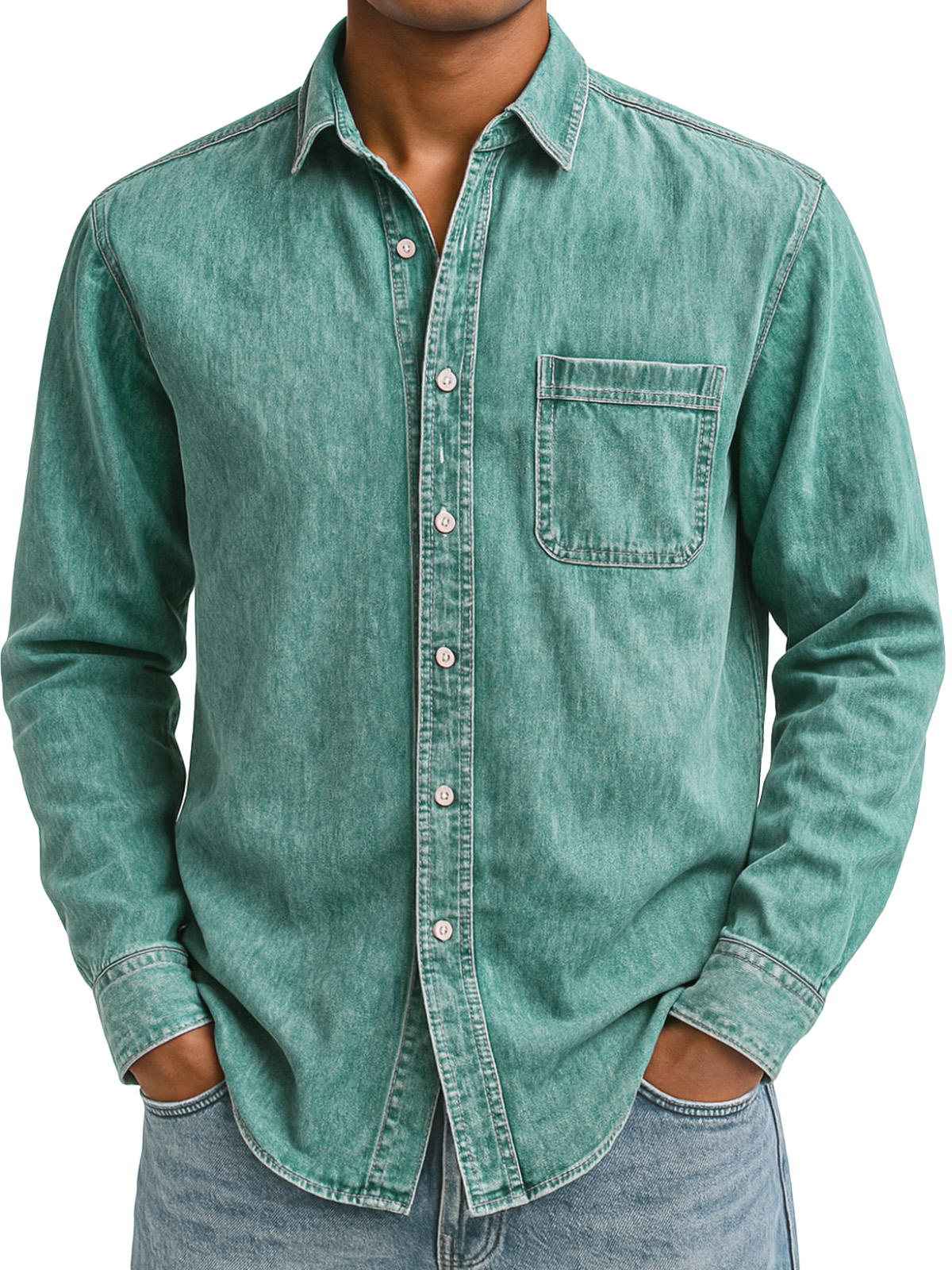 Men's Simple Retro Solid Color Lapel Long-sleeved Shirt