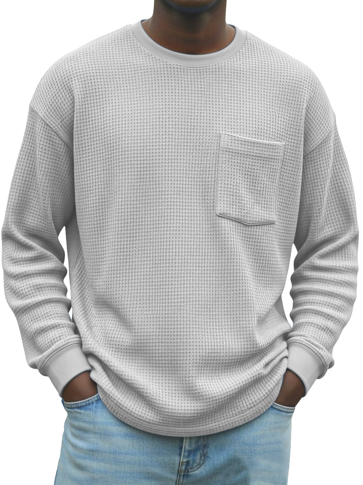 Men's Stylish Waffle-knit Pocket Long-sleeved Crew Neck T-shirt