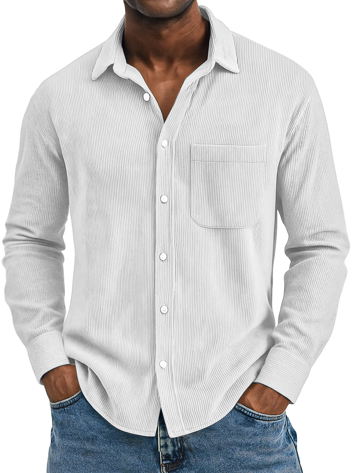 Men's Casual Solid Color Vertical Pit Strip Pocket Lapel Long-sleeved Shirt