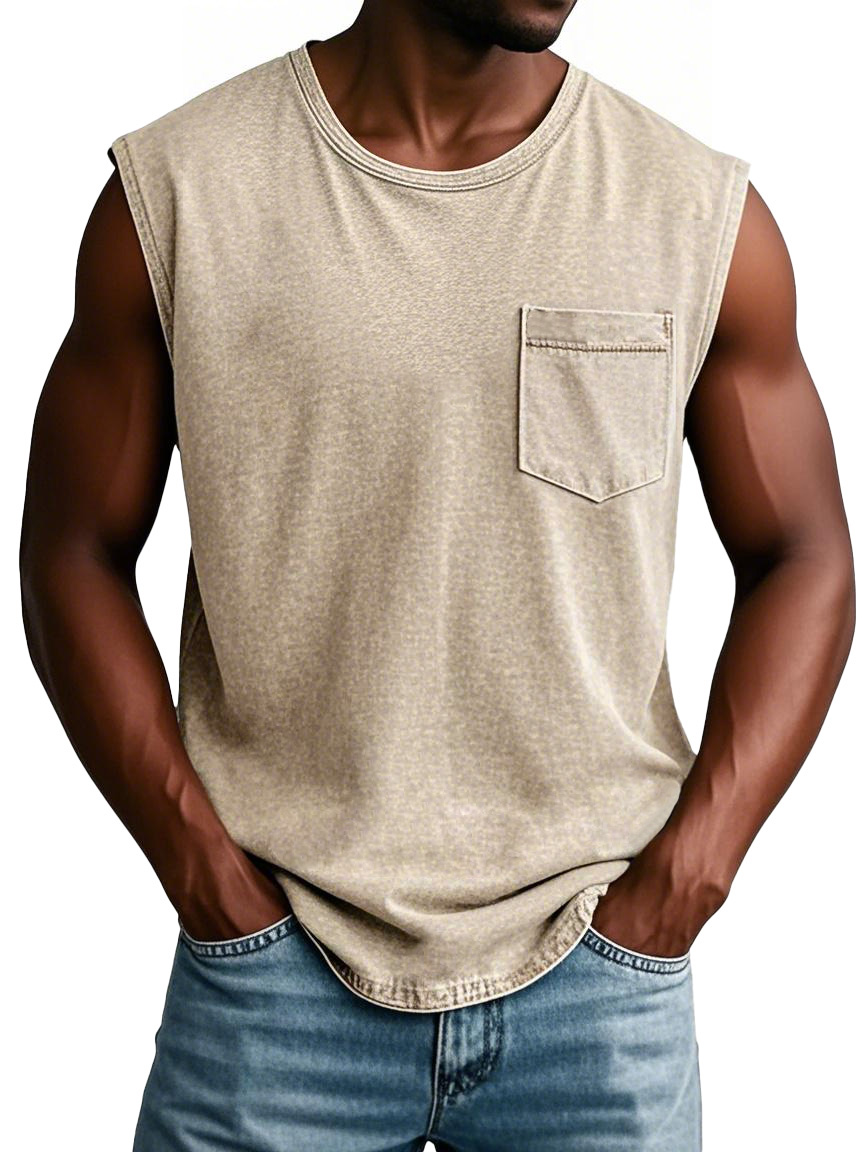 Men's Fashion Retro Round Neck Sleeveless Pocket T-shirt