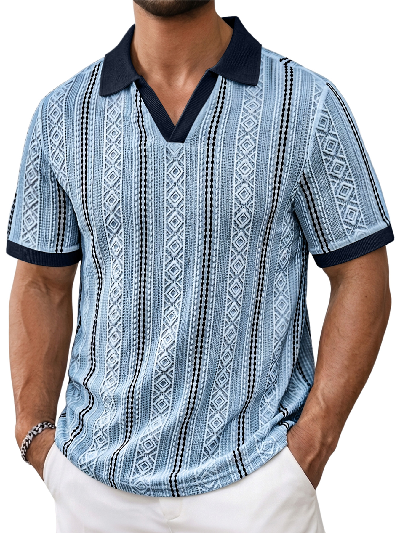 Men's Color-Blocked Seagull Collar Jacquard Textured Casual Short-Sleeve Polo Shirt