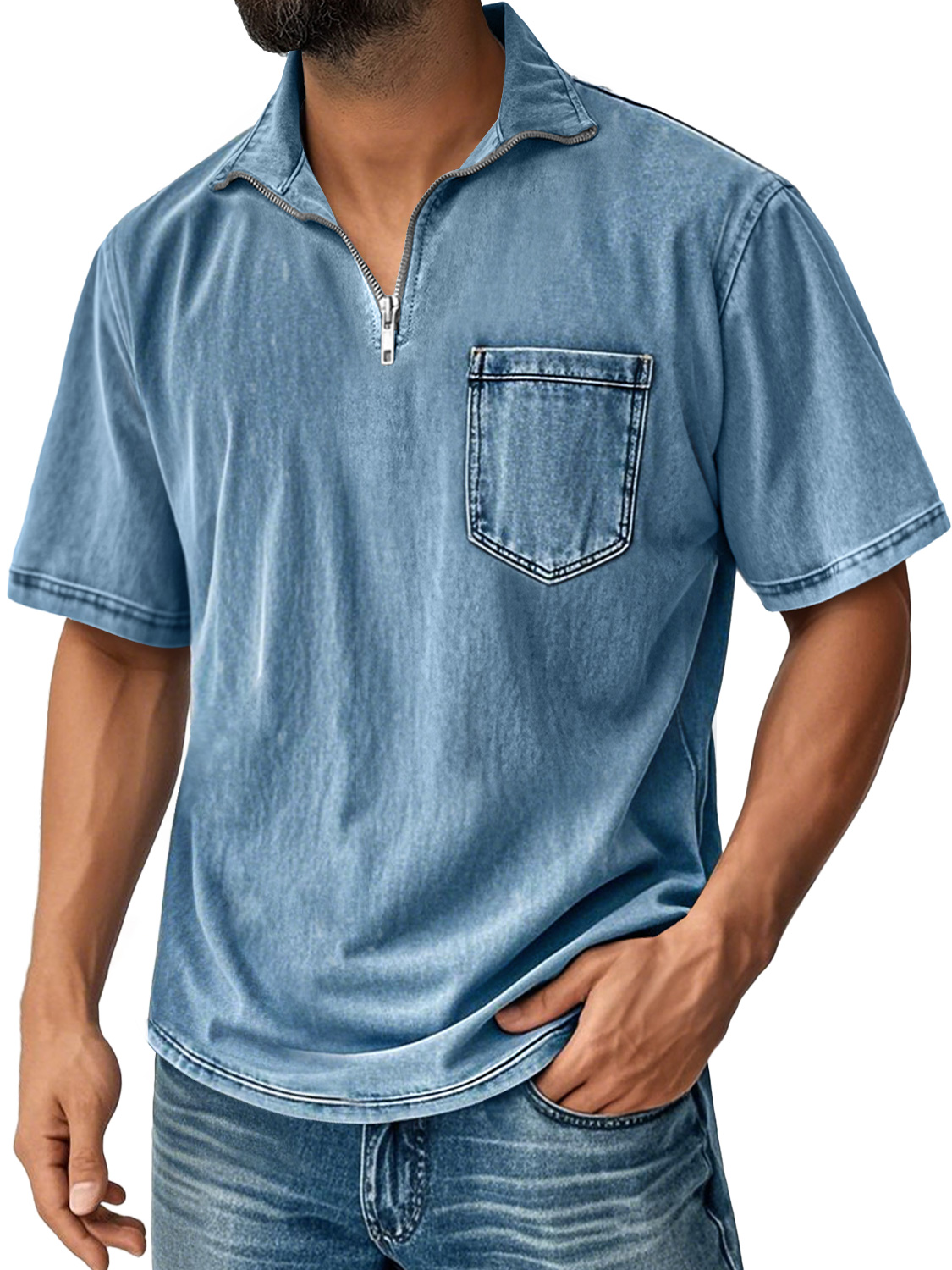 Men's Retro Stand Collar Zipper Casual Pocket Comfortable Short Sleeve T-shirt