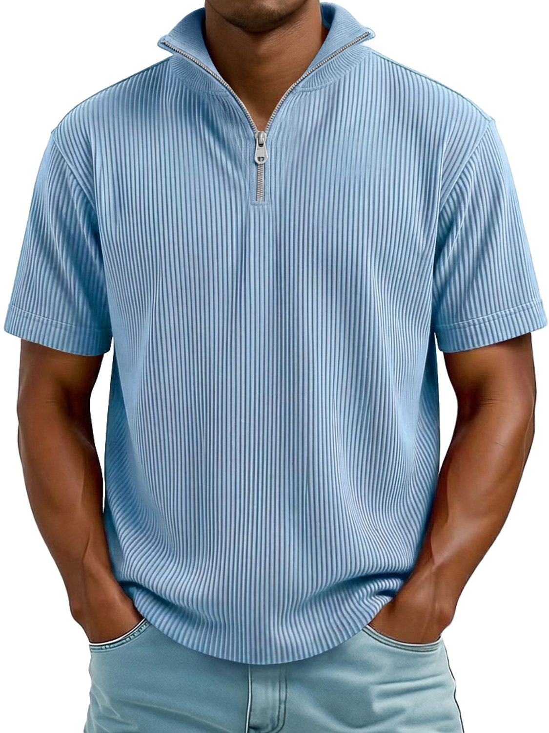 Men's Everyday Ribbed Stand-collar Zip-up Casual Short-sleeved T-shirt