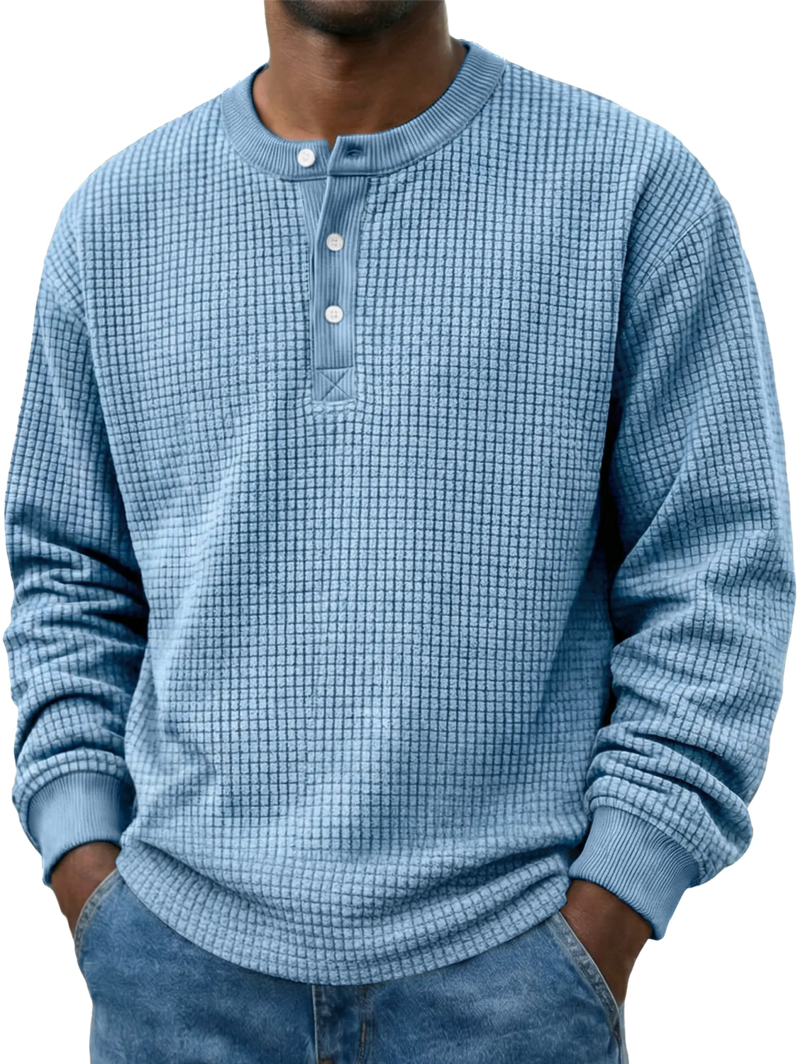 Men's Casual Corduroy Waffle-knit Solid Color Long-sleeved Henley Shirt