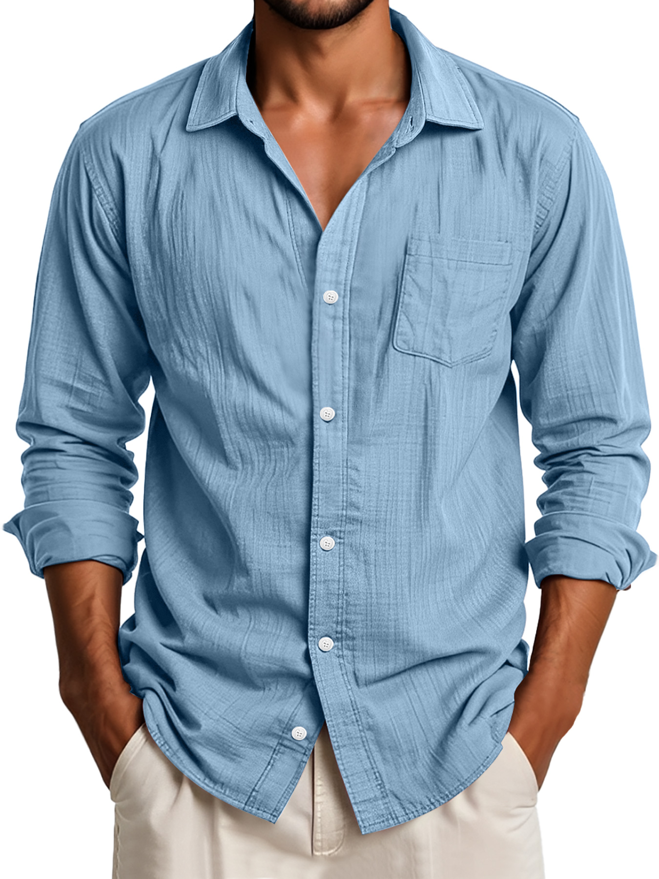Men's Daily Lapel Pocket Casual Solid Color Long Sleeve Shirt