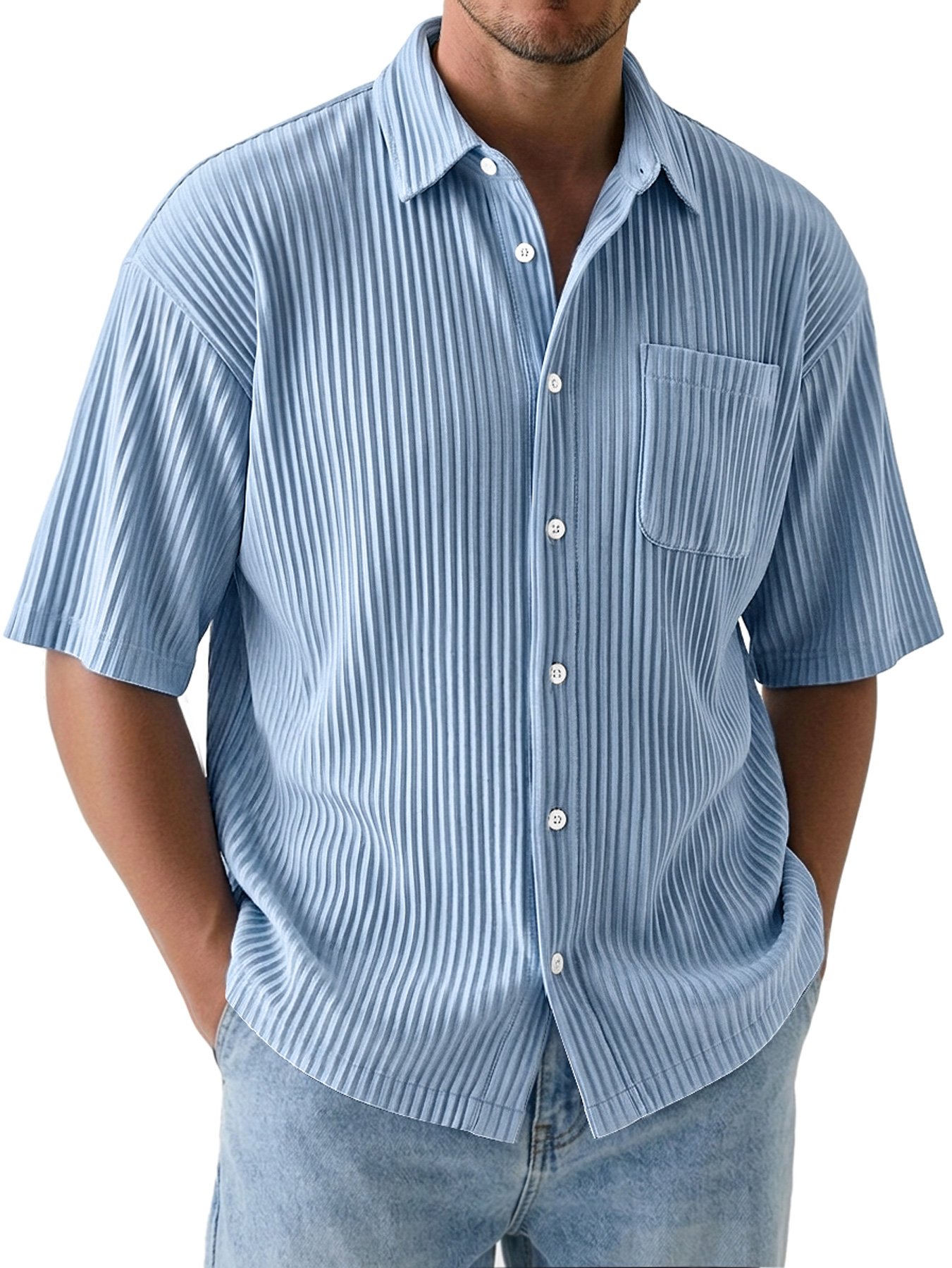 Men's Comfortable Textured Solid-Color Short-Sleeve Casual Shirt