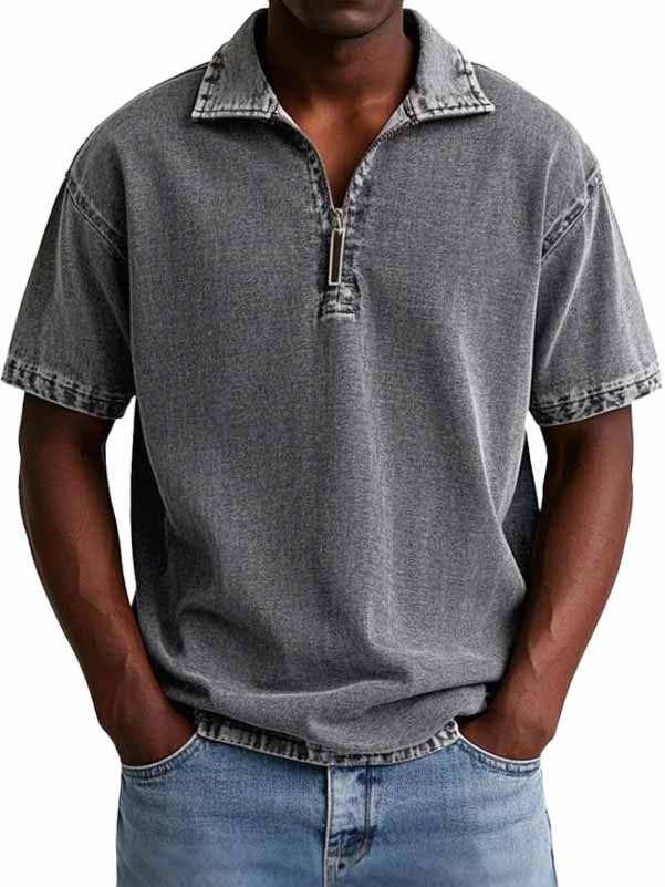 Men's Retro Distressed Zip Short Sleeve Polo Shirt