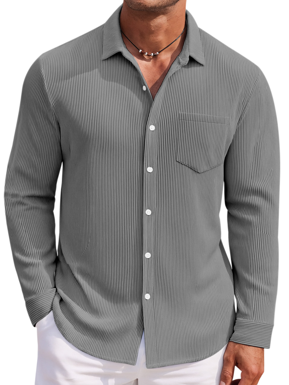 Men's Loose Daily Breathable Solid Color Vertical Pit Strip Long-sleeved Shirt
