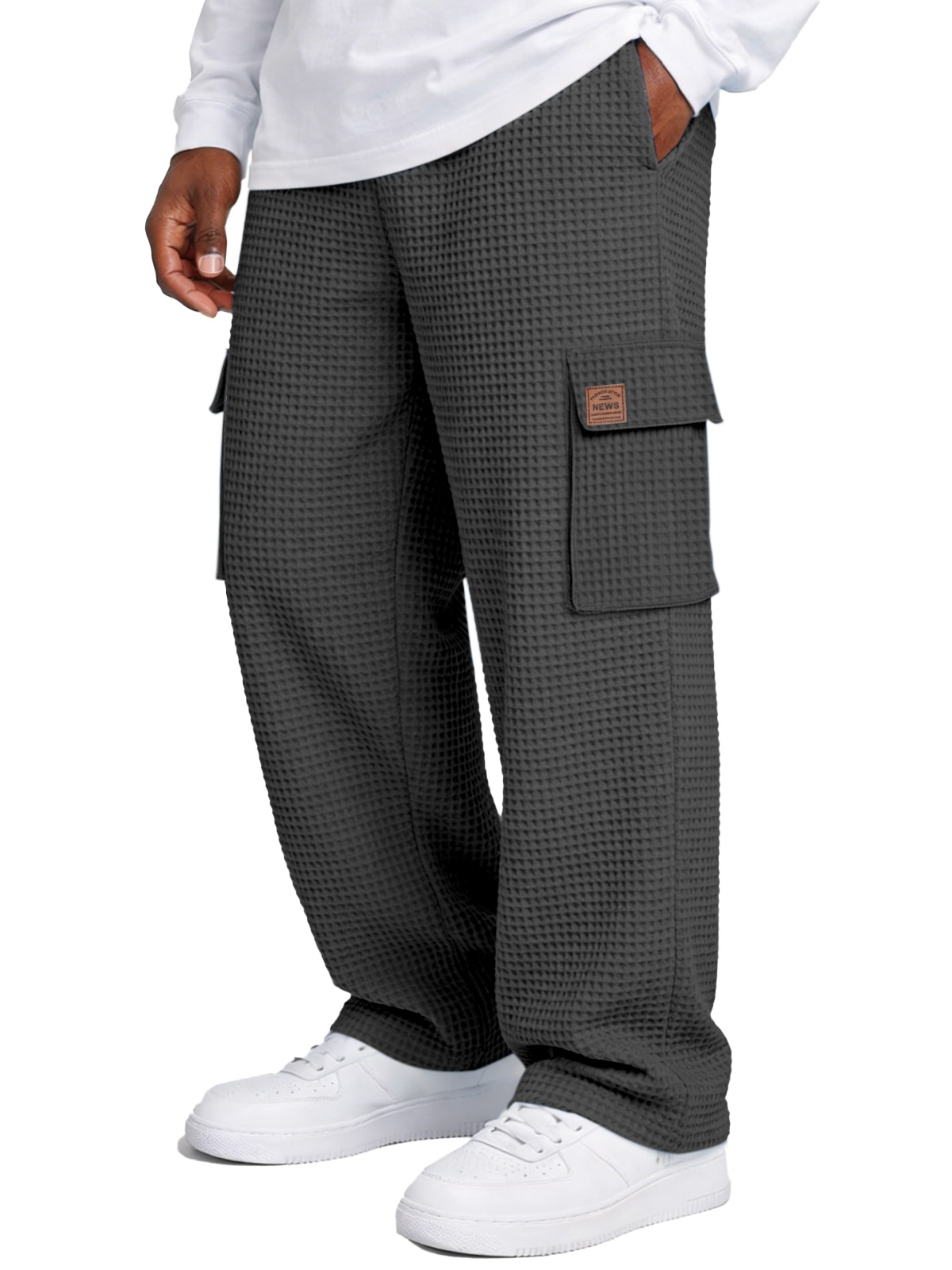 Simple Waffle-knit Loose Casual Straight-leg Pants With Pockets