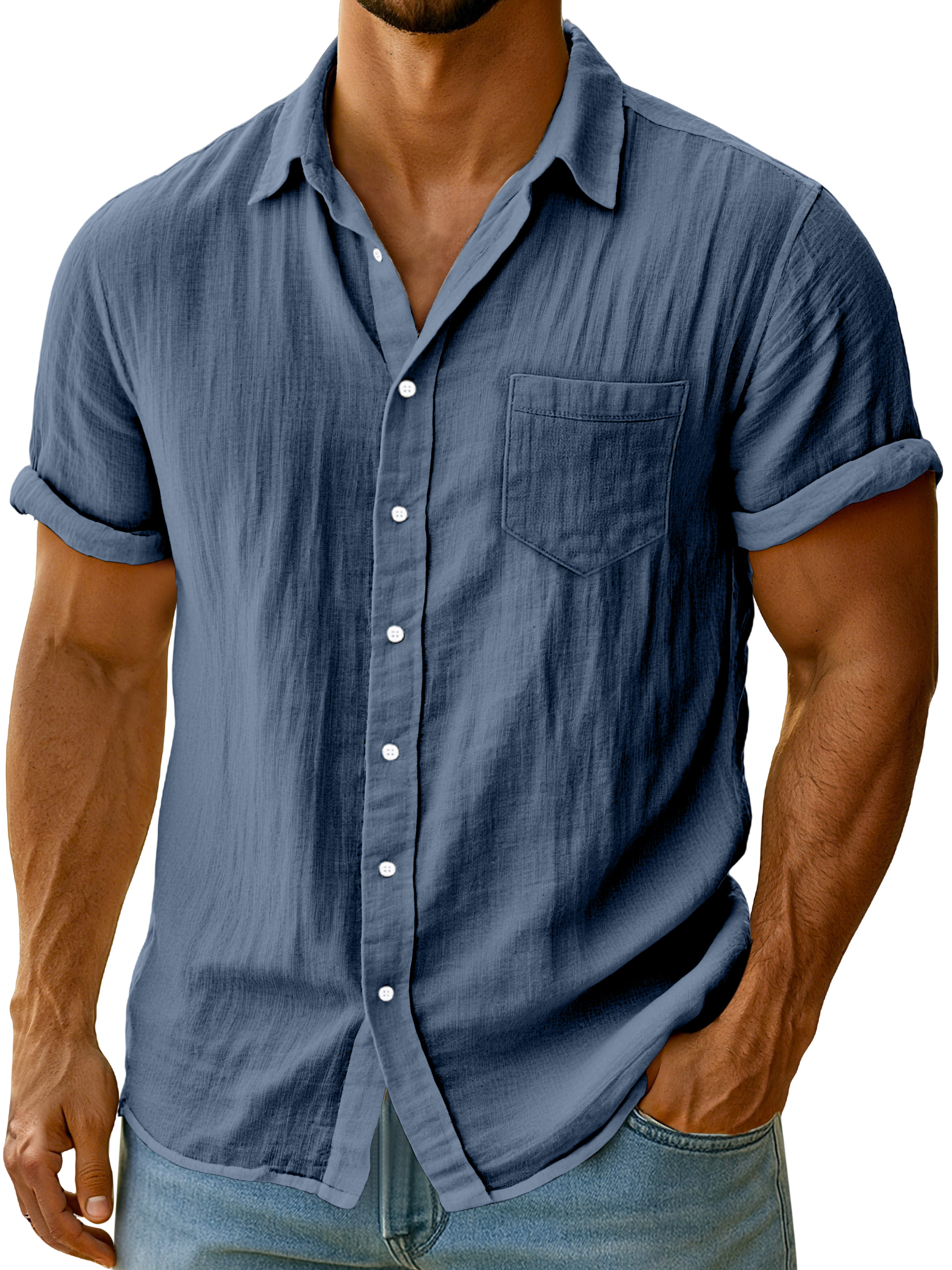 Men's Casual Solid Color Breathable Imitation Linen Button Short-sleeved Shirt