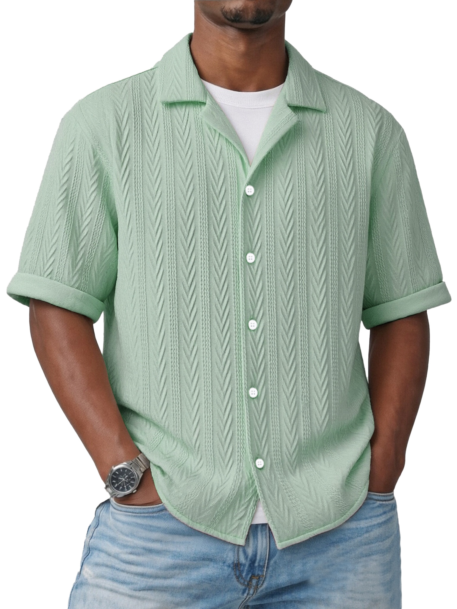Simple Everyday Textured Short-sleeved Cuban Collar Shirt
