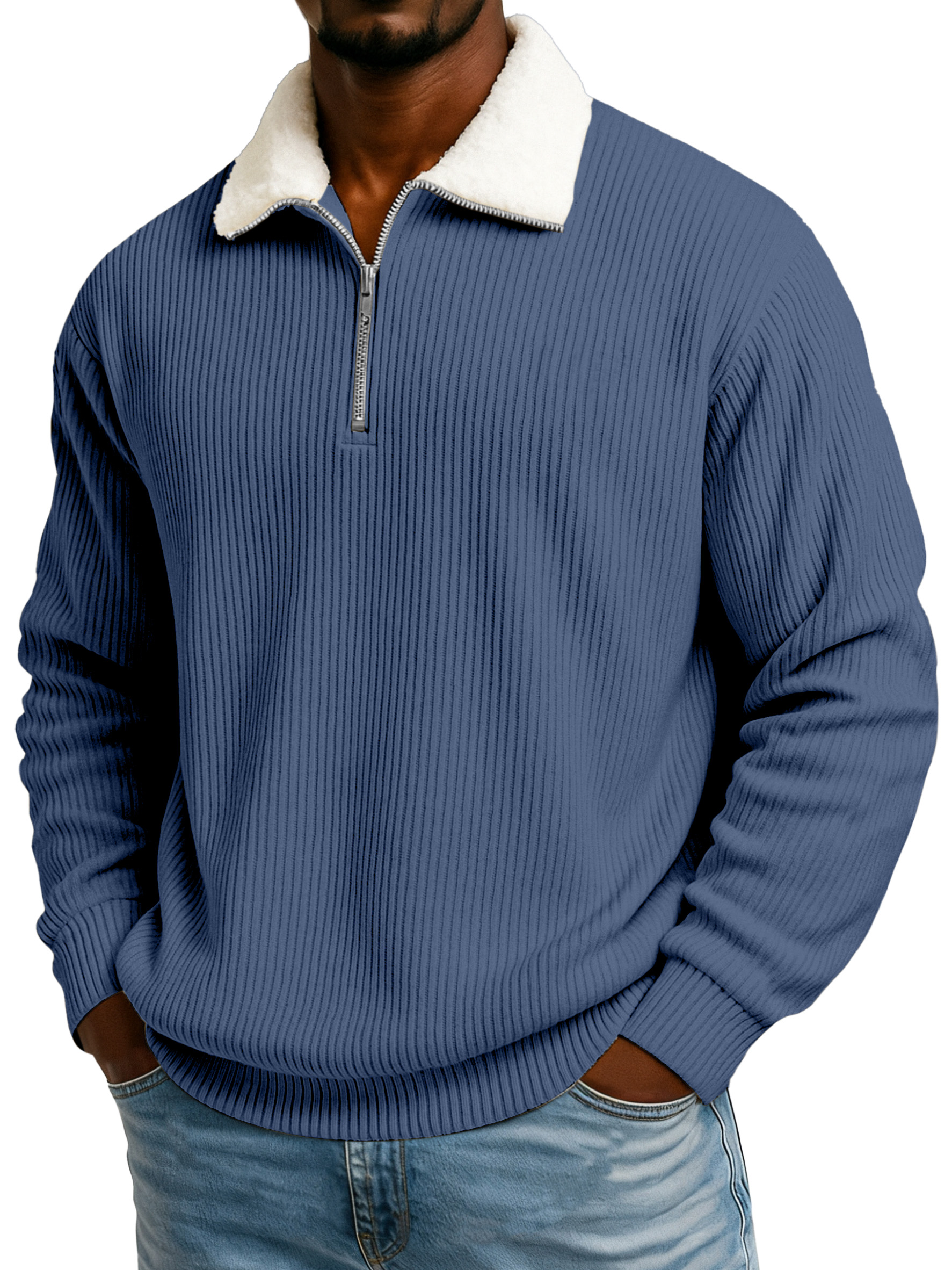 Men's Winter Pit Striped Plush Stand Collar Casual Sweatshirt