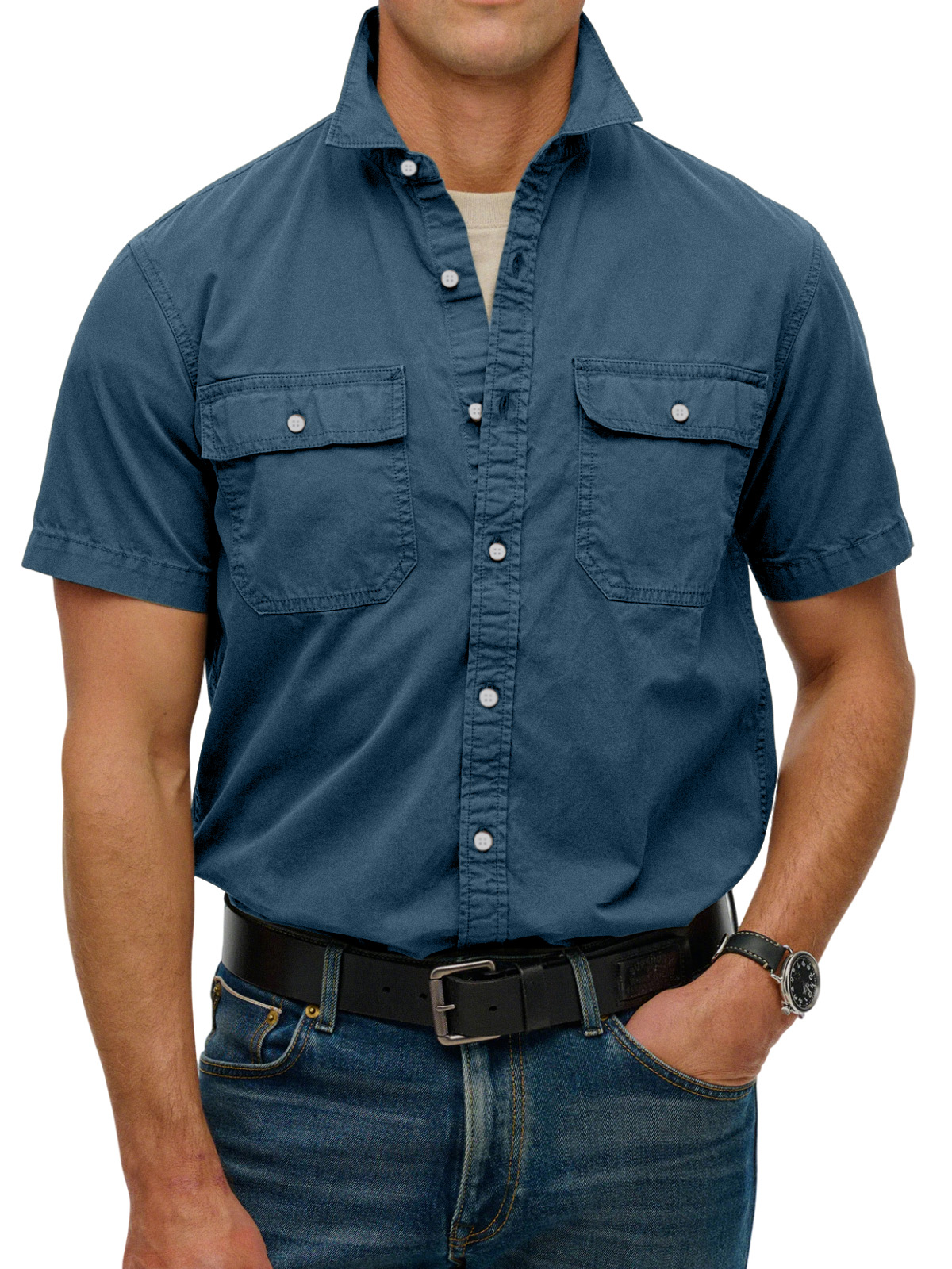 Men's simple double-pocket lapel button-down short-sleeved shirt