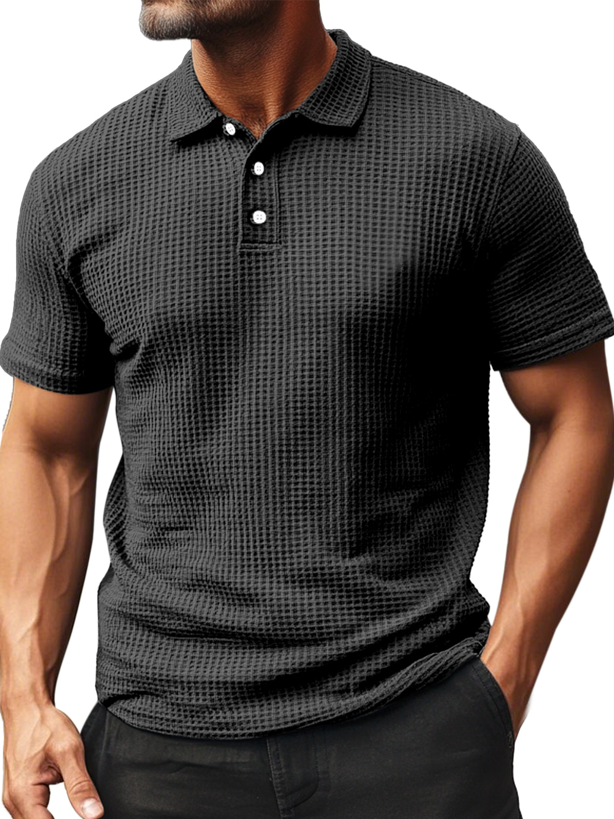 Men's Summer Daily Waffle Texture Short Sleeve Button-up Polo Shirt